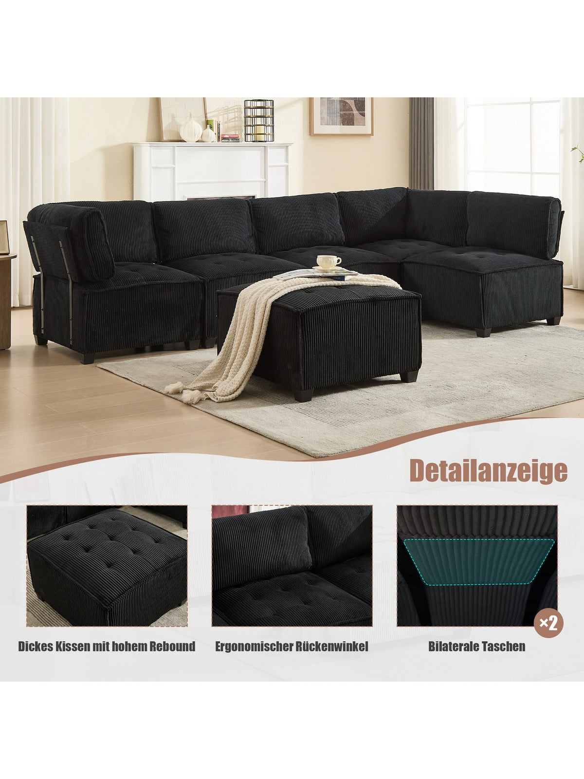Cord Wohnlandschaft in L-Form im Wohnzimmer