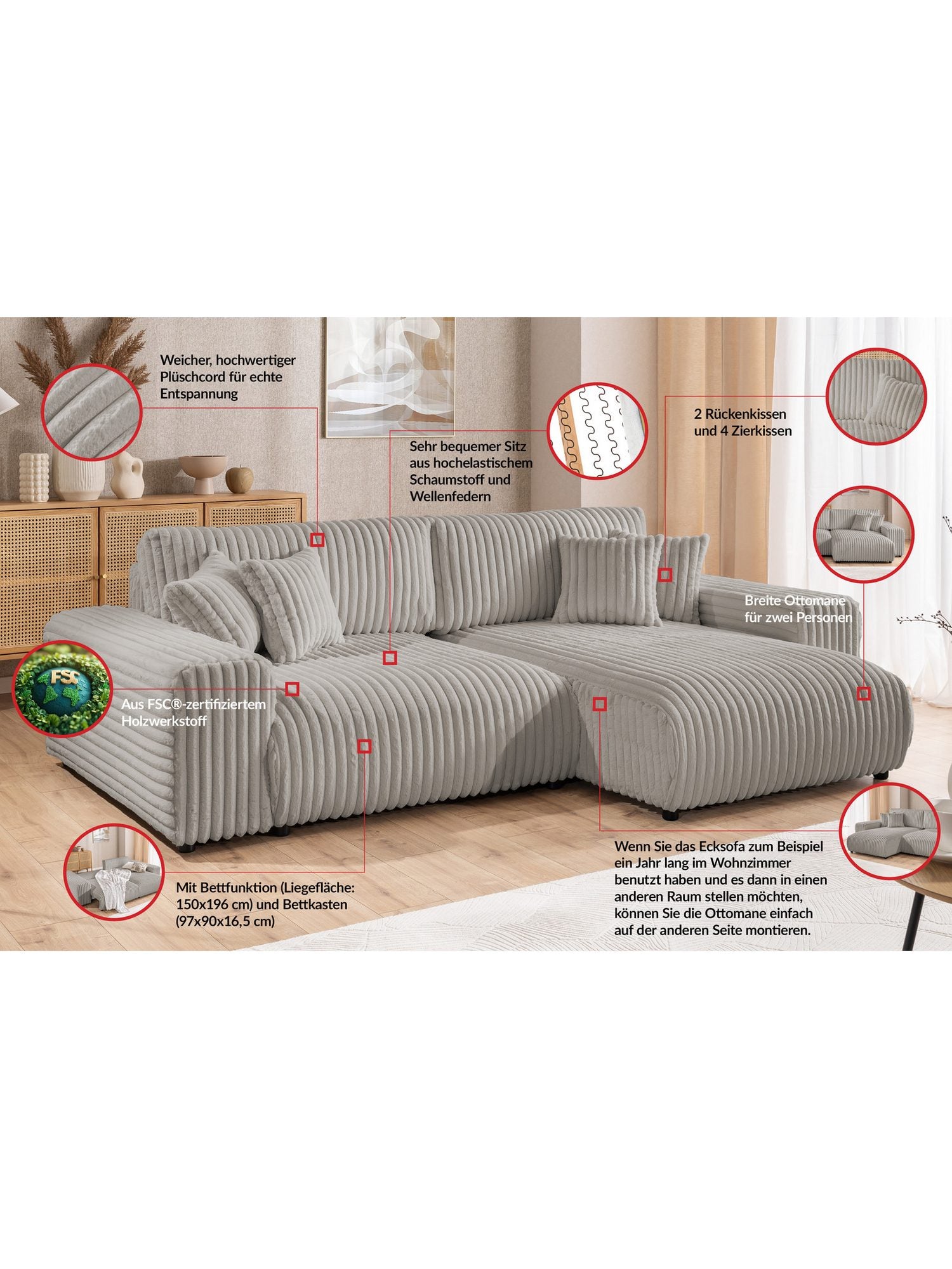Seitenansicht des Cord Ecksofas MOLLIS