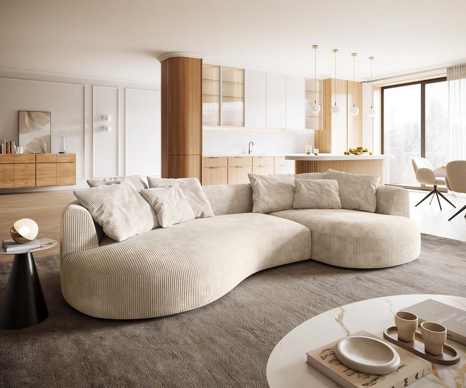 Big Sofa EDINA 328 cm in beigem Cord mit Recamiere rechts