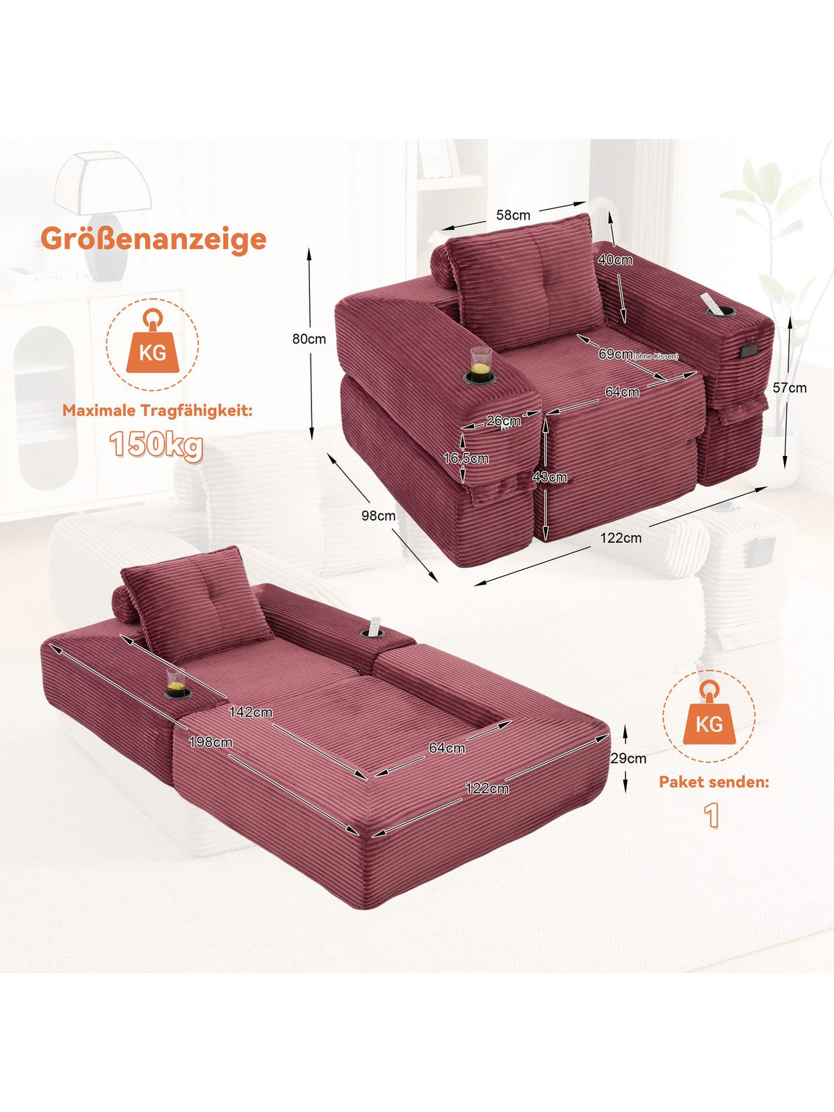 Cord Klappsofa CELYA in Weinrot frontale Ansicht