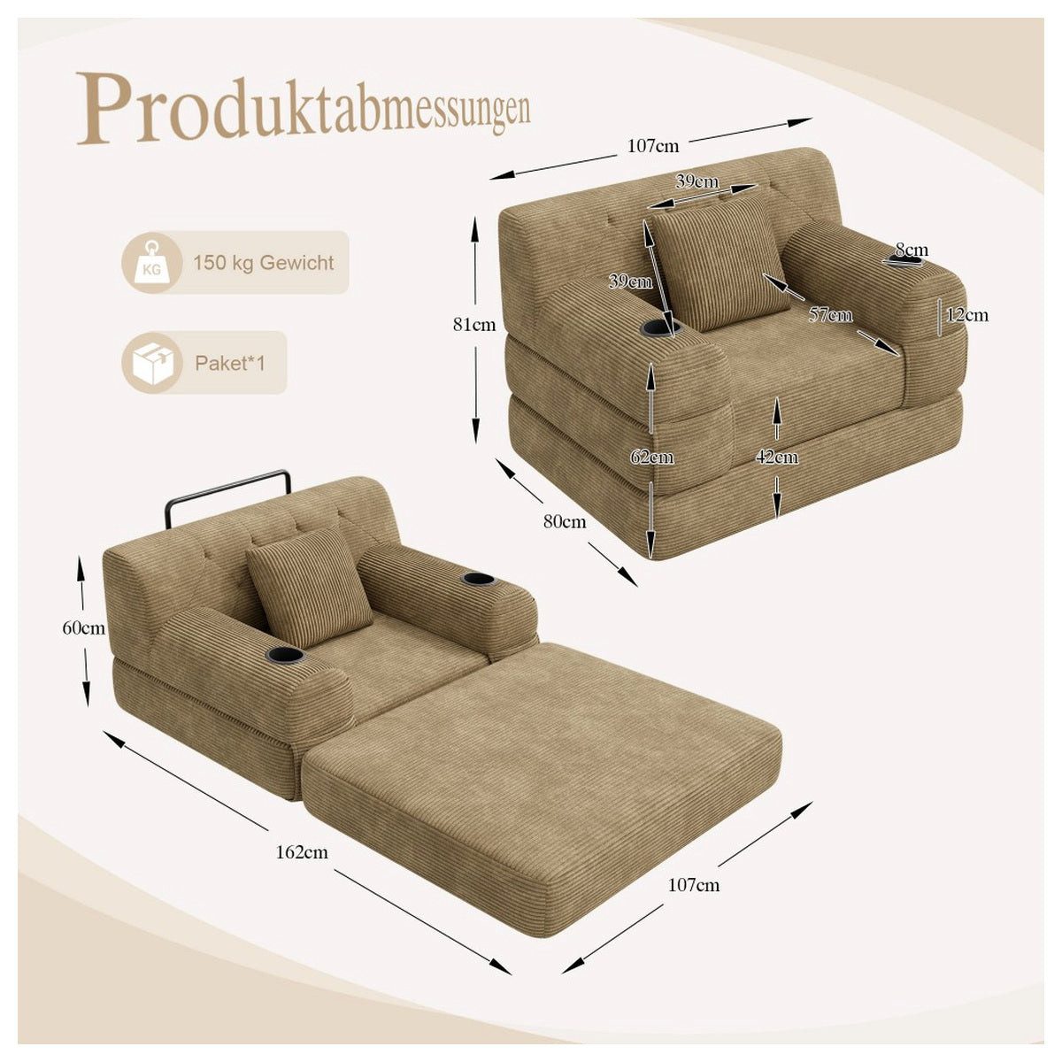 Rückansicht des Cord Schlafsofas in Khaki