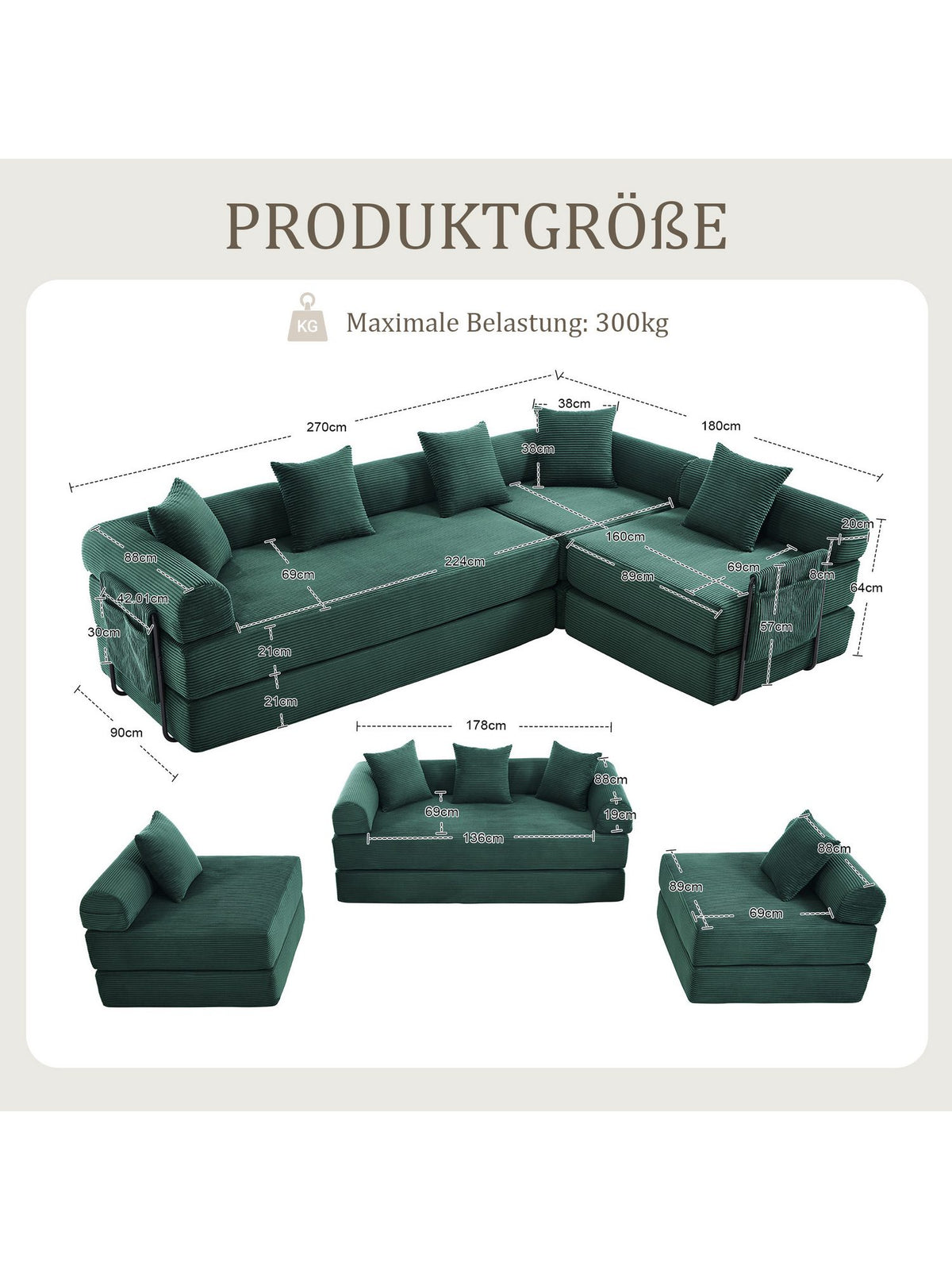Einzelsessel des grünen Cord Modulsofas mit Seitentasche