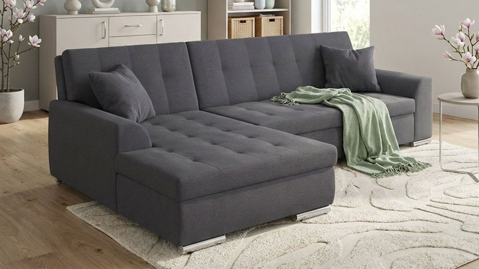Graues Cord Ecksofa TREVISO mit Recamiere und Zierkissen