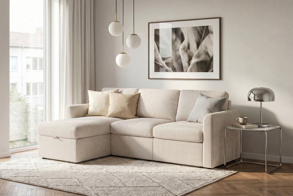 Cord Ecksofa NORDHUS in Creme mit Recamiere