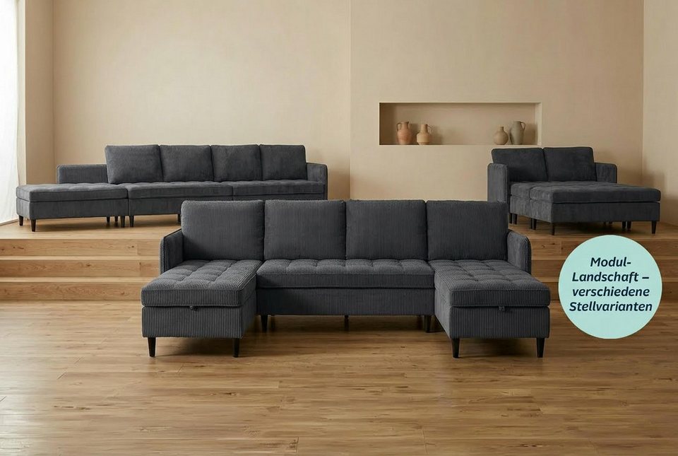Cord Wohnlandschaft LINDHUS in U-Form in Anthrazit