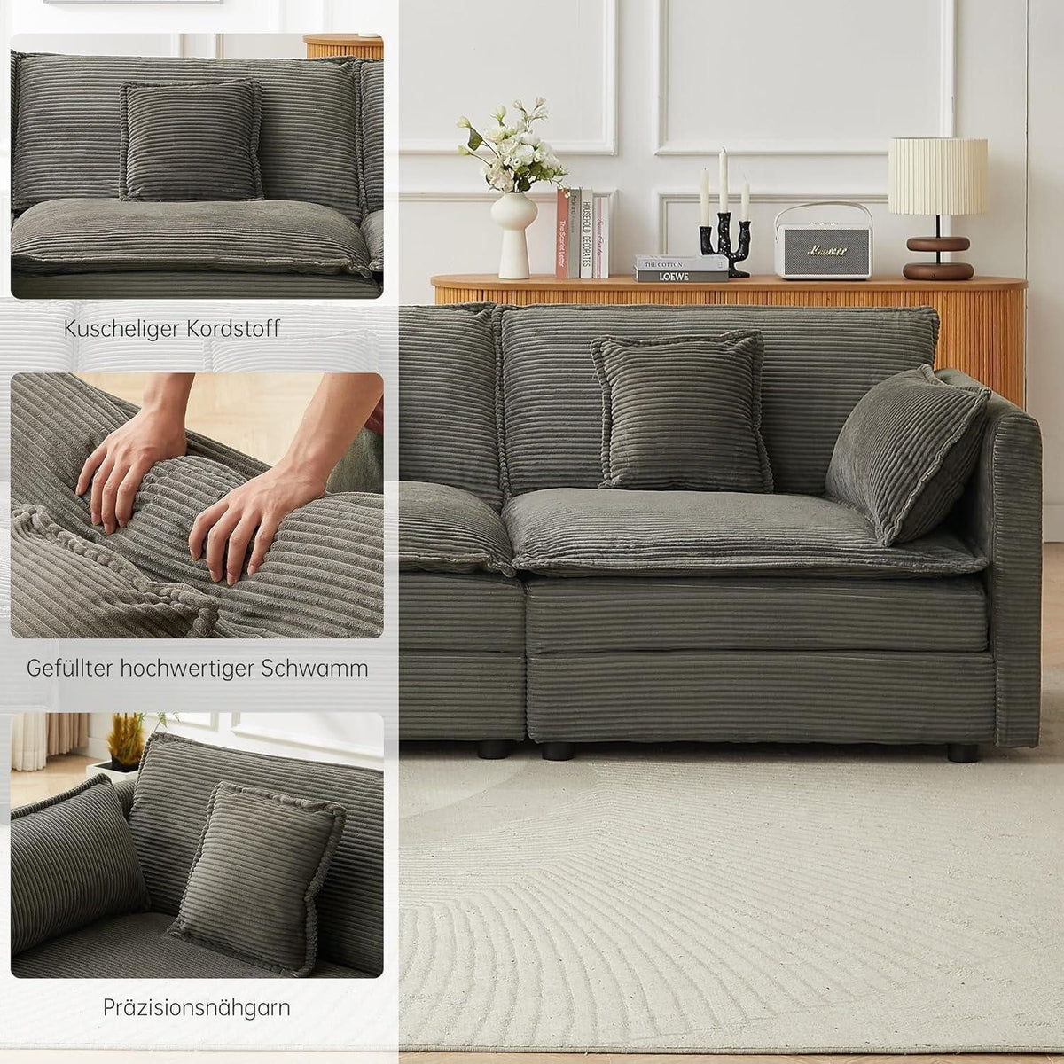 Detailaufnahme des grauen Premium Cordstoffs