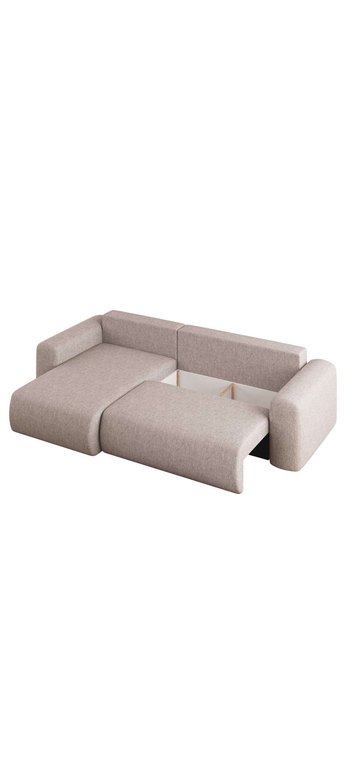 Geoeffneter Bettkasten des Cord Ecksofas CAPRO