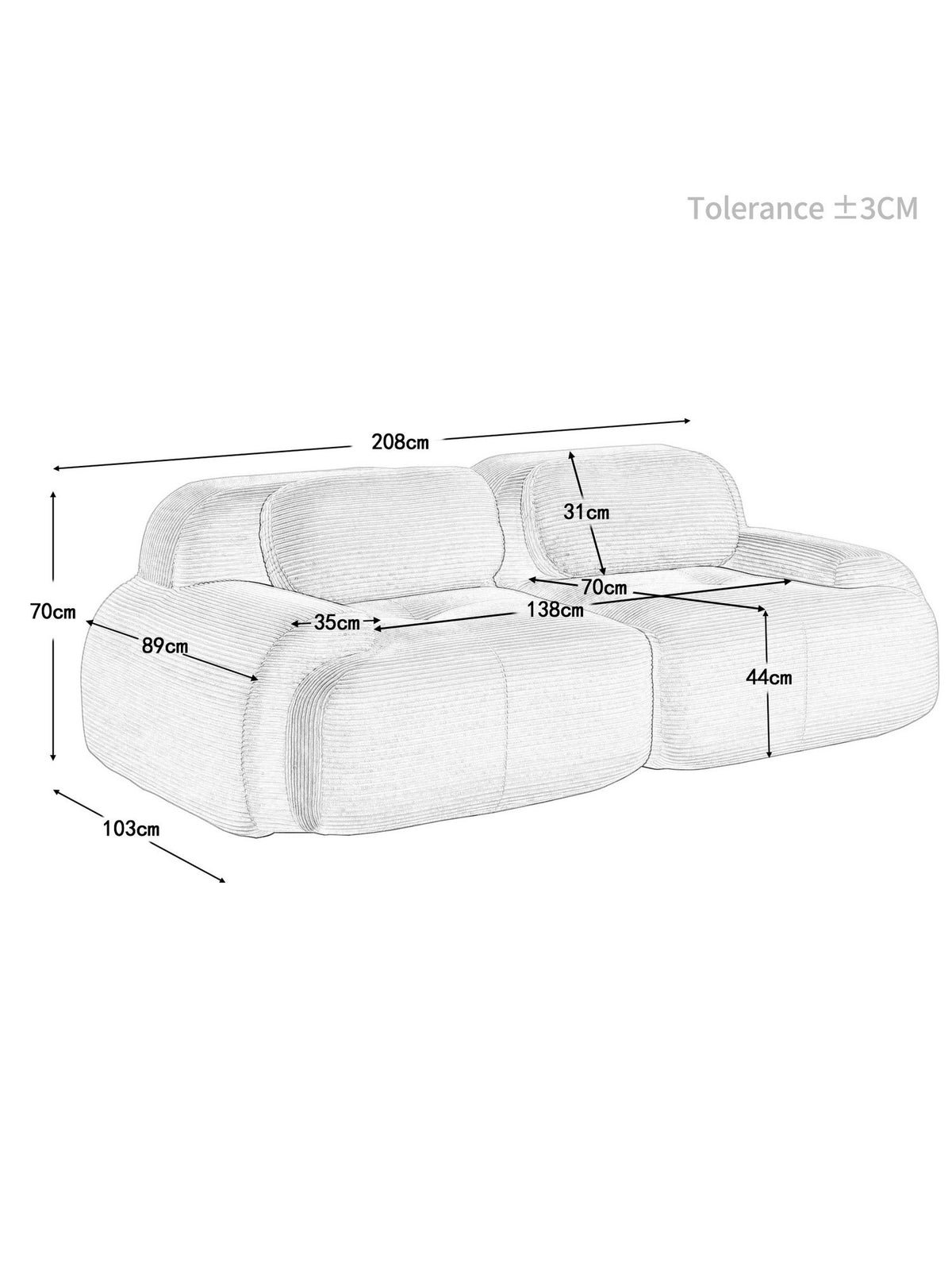 Rutschfeste Unterseite des modularen Cord Sofas