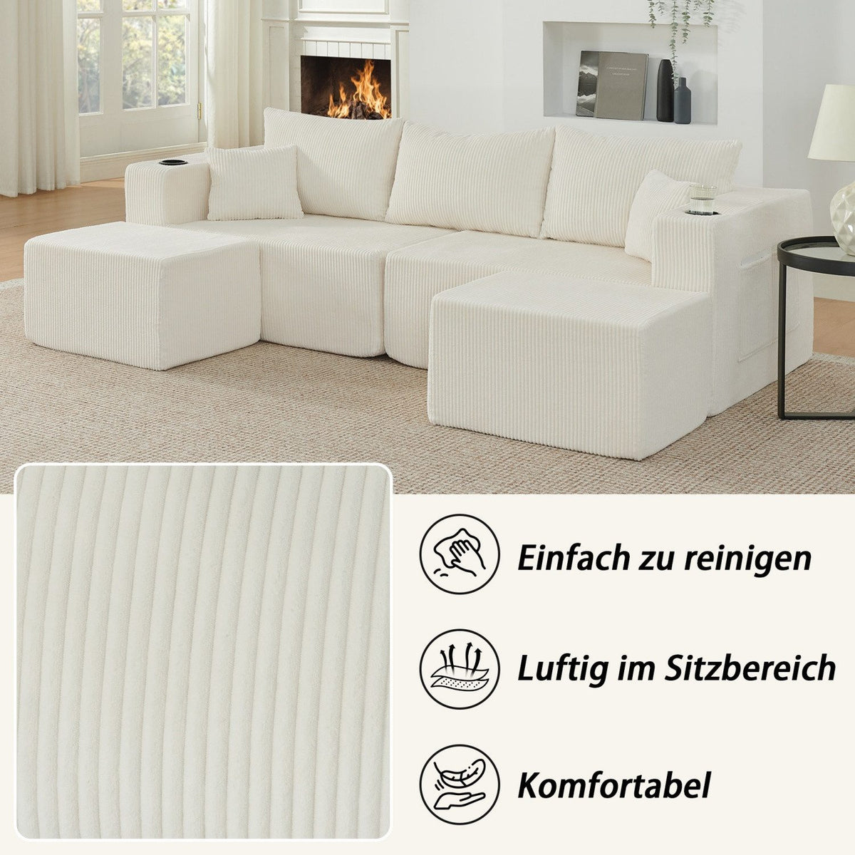 Bewegliche Ottomane des Cord Ecksofas als Hocker genutzt