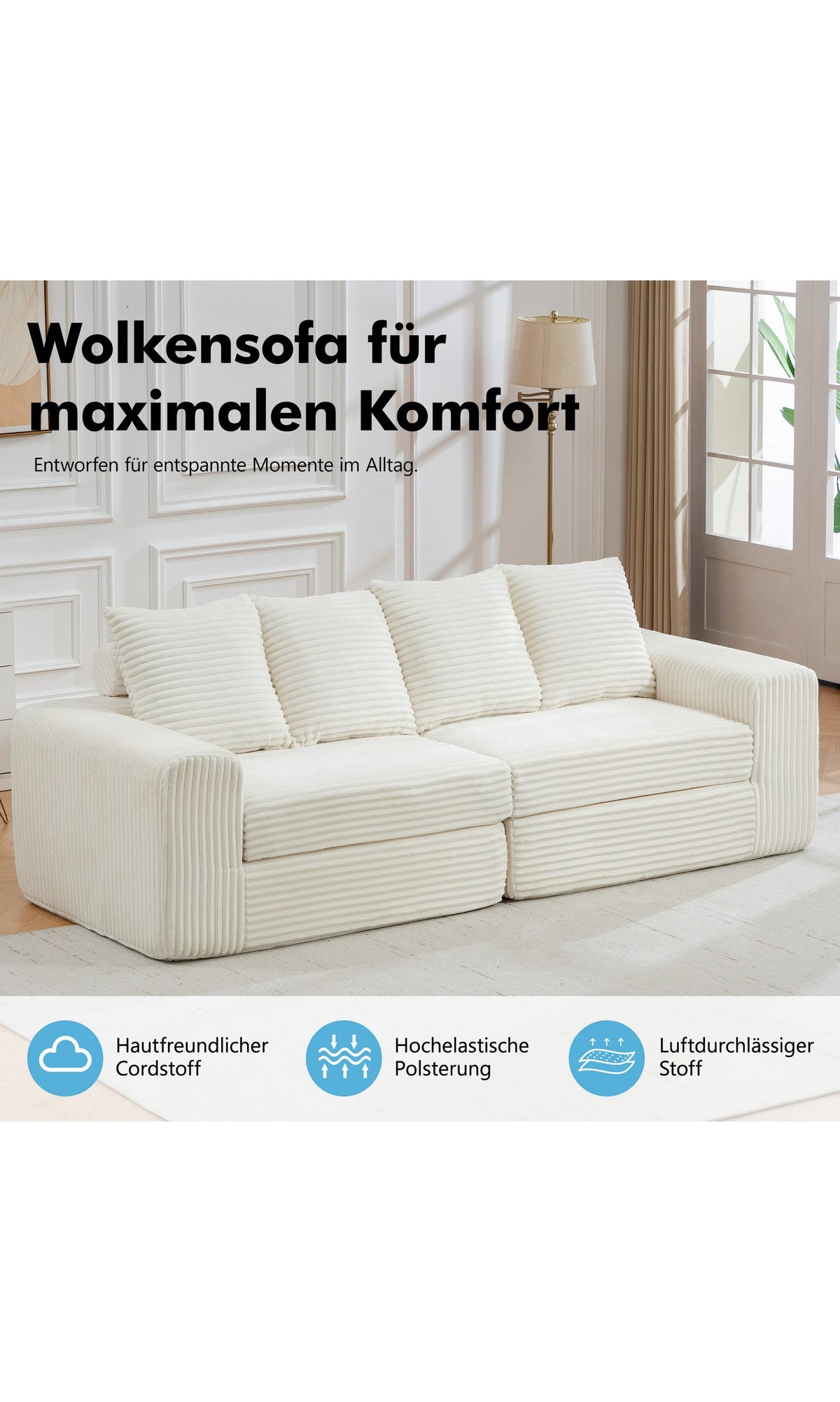 Lose Sitz- und Rückenkissen des Cordsofas