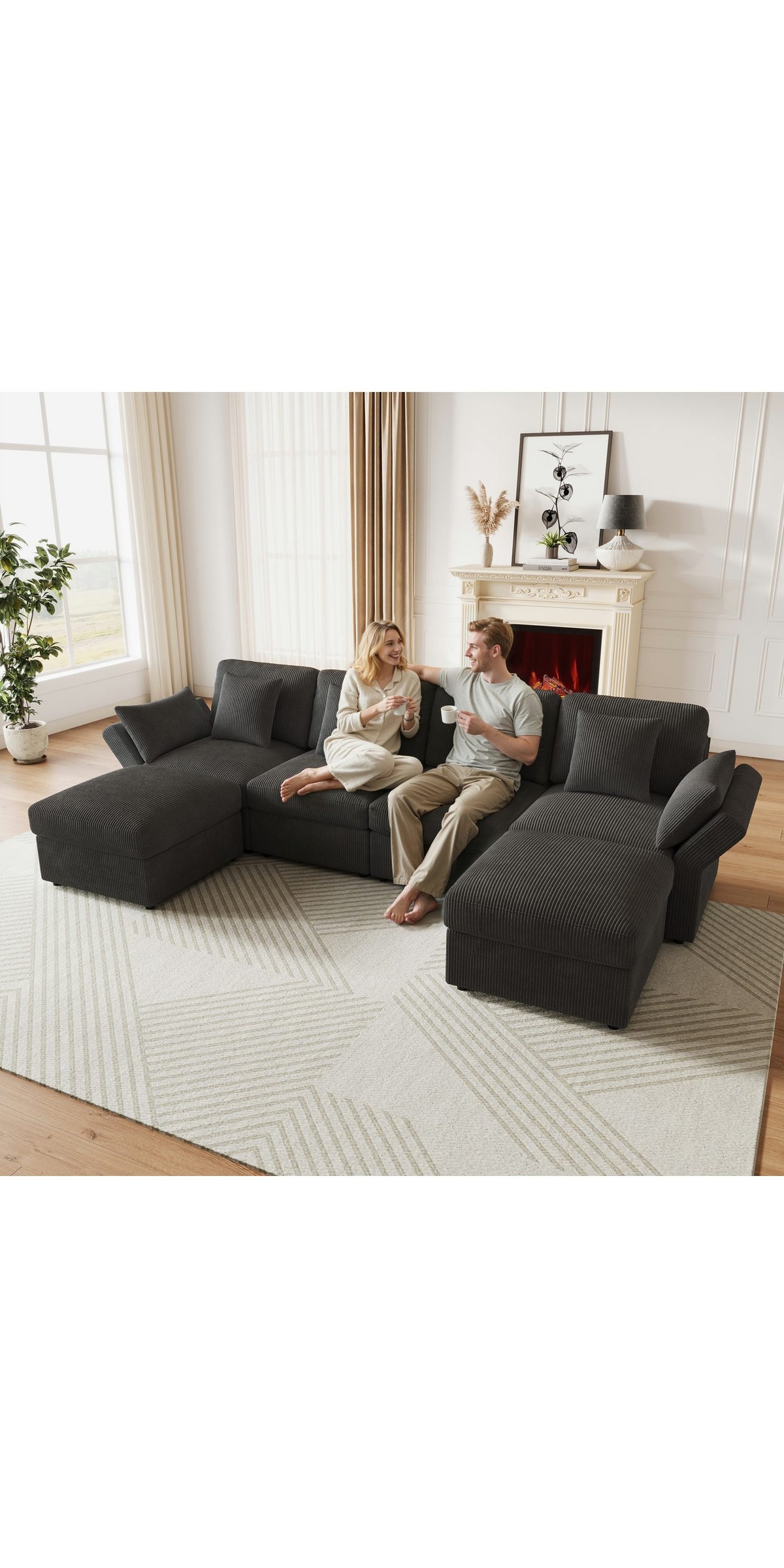 Graue Cord Wohnlandschaft in U-Form von vorne