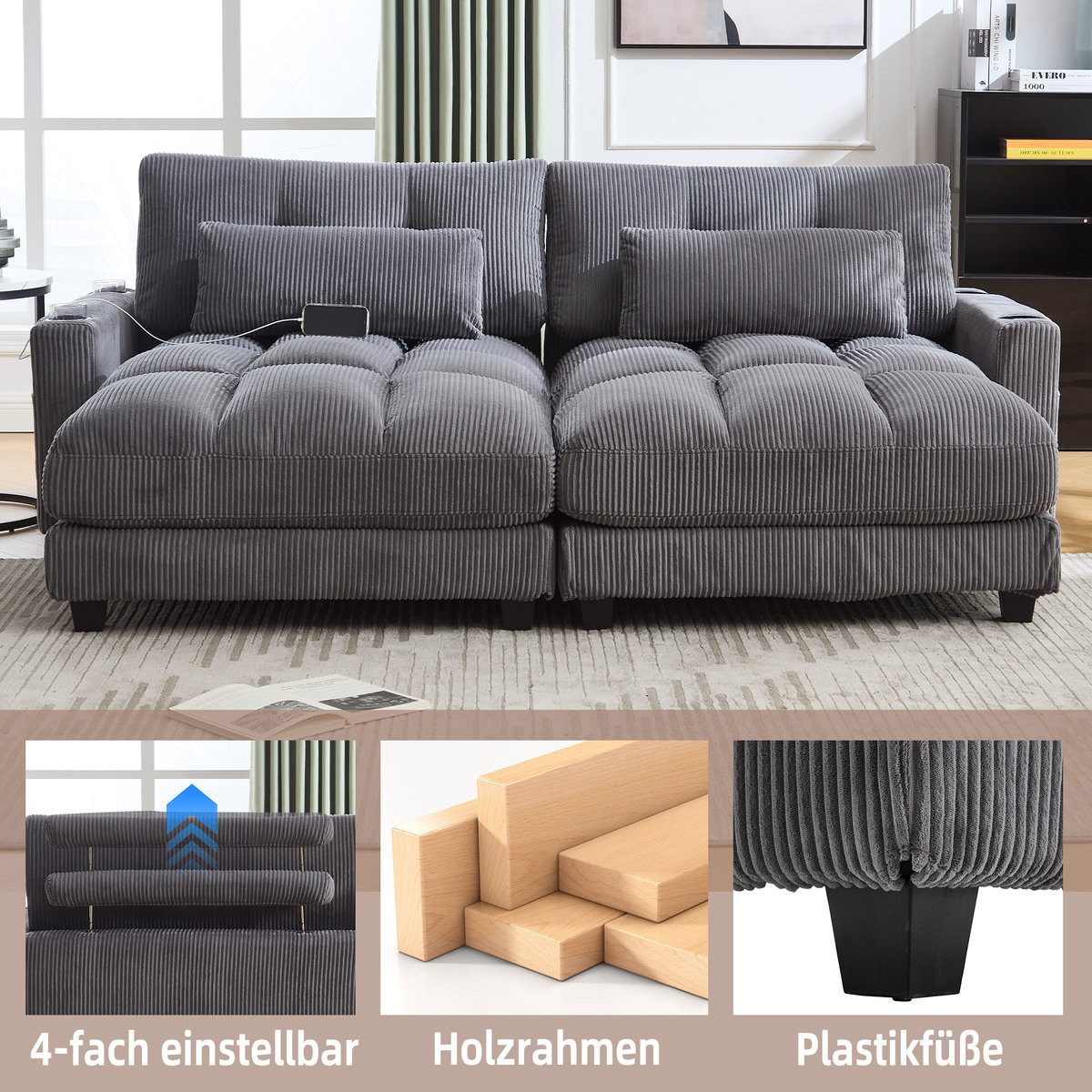 Getränkehalter in der Armlehne des Cord Sofas