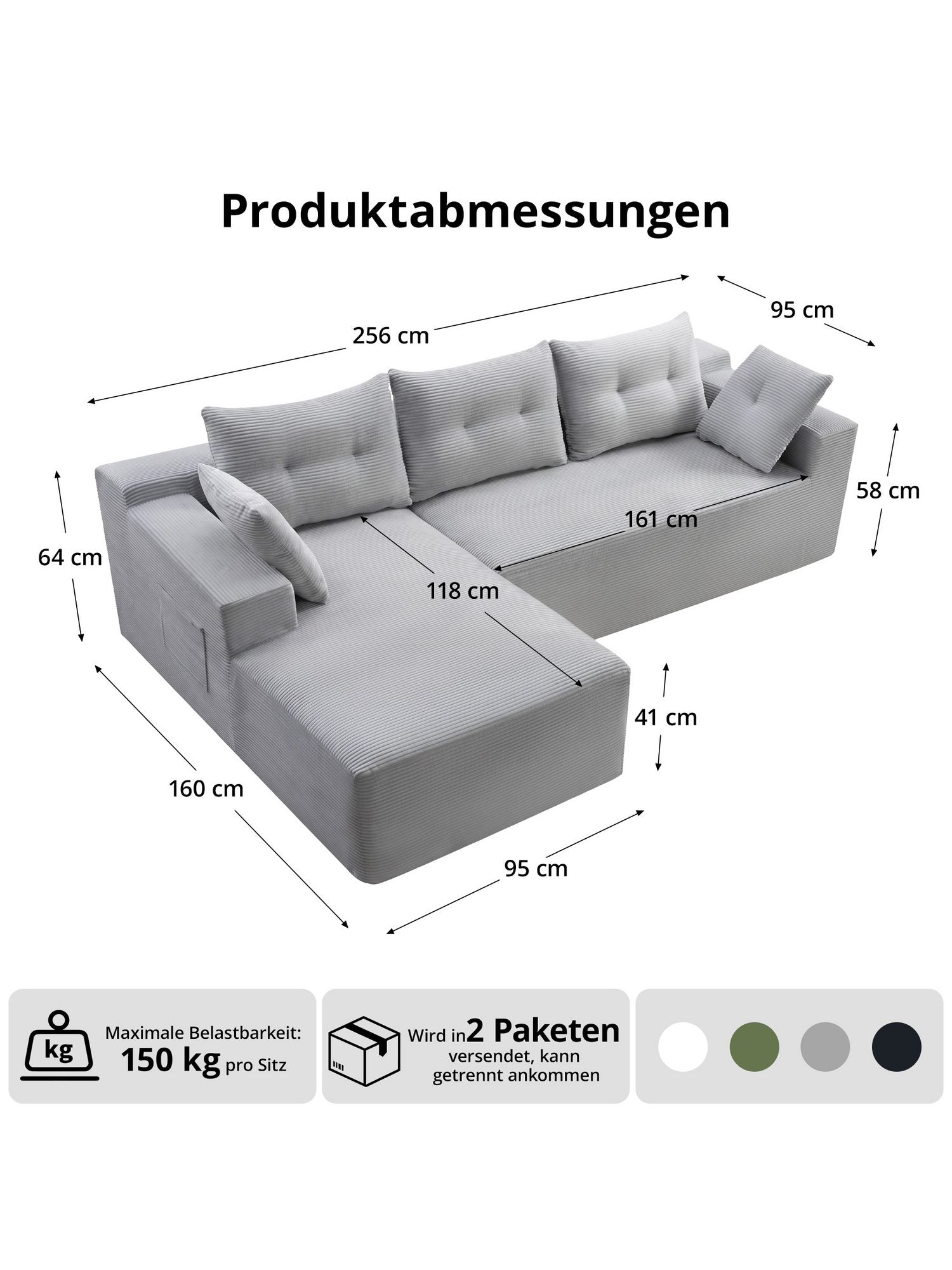Modulares Cord Ecksofa in Hellgrau - Produktansicht 2