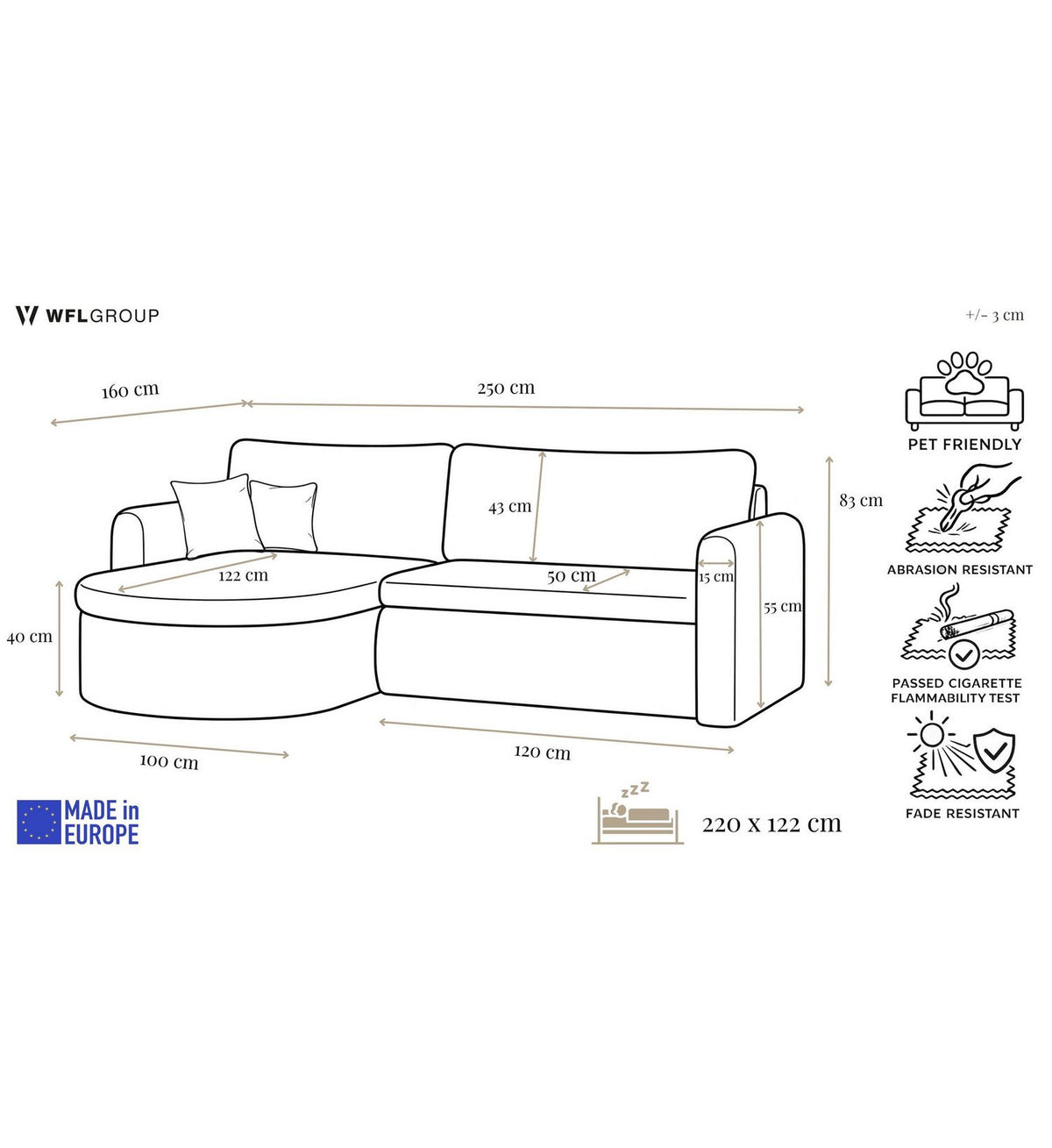 Cord Ecksofa CORA mit ausgeklappter Liegefläche