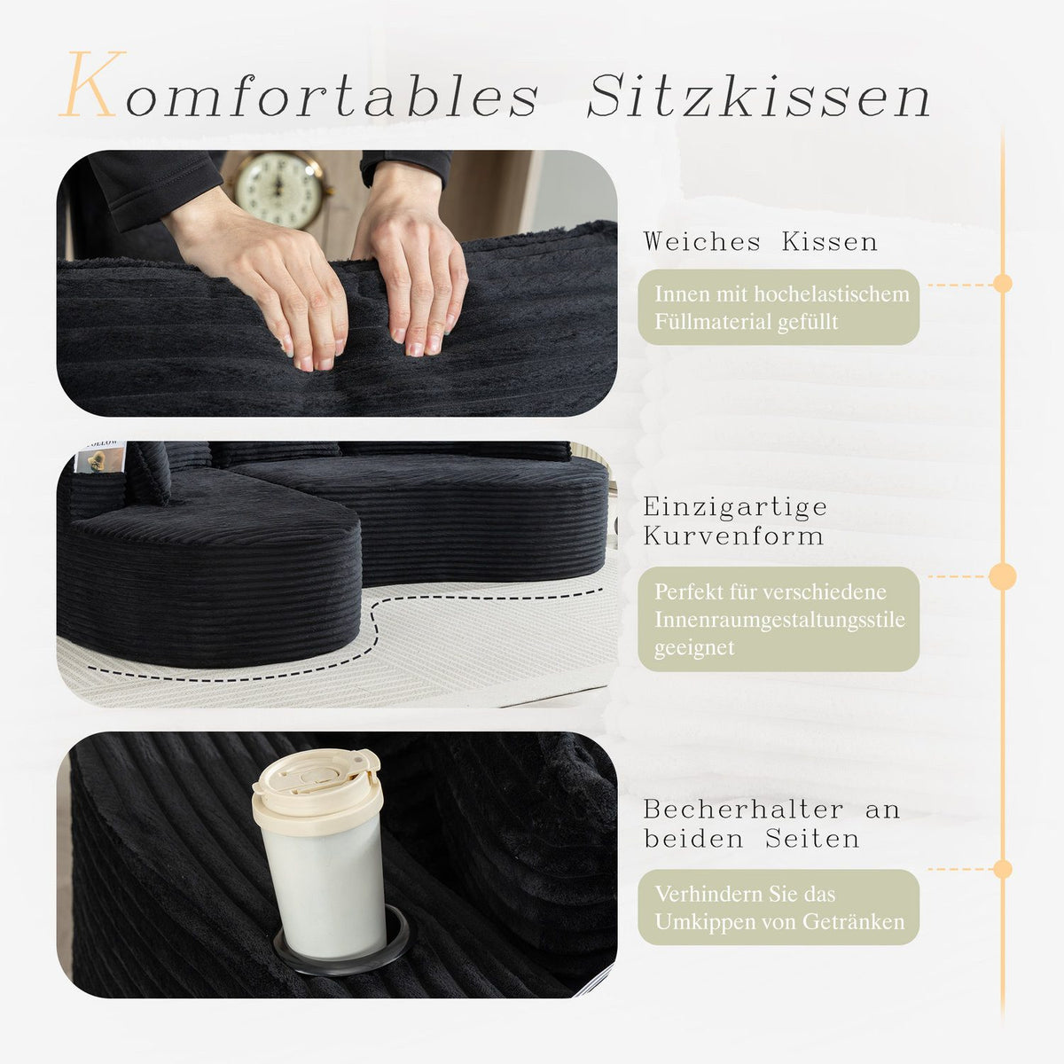 Bogenform des schwarzen Cord Ecksofas von der Seite