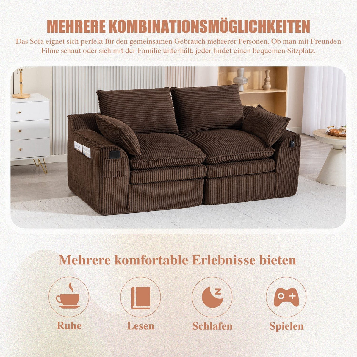 Seitentaschen des ANYSUN Cordsofas in Braun