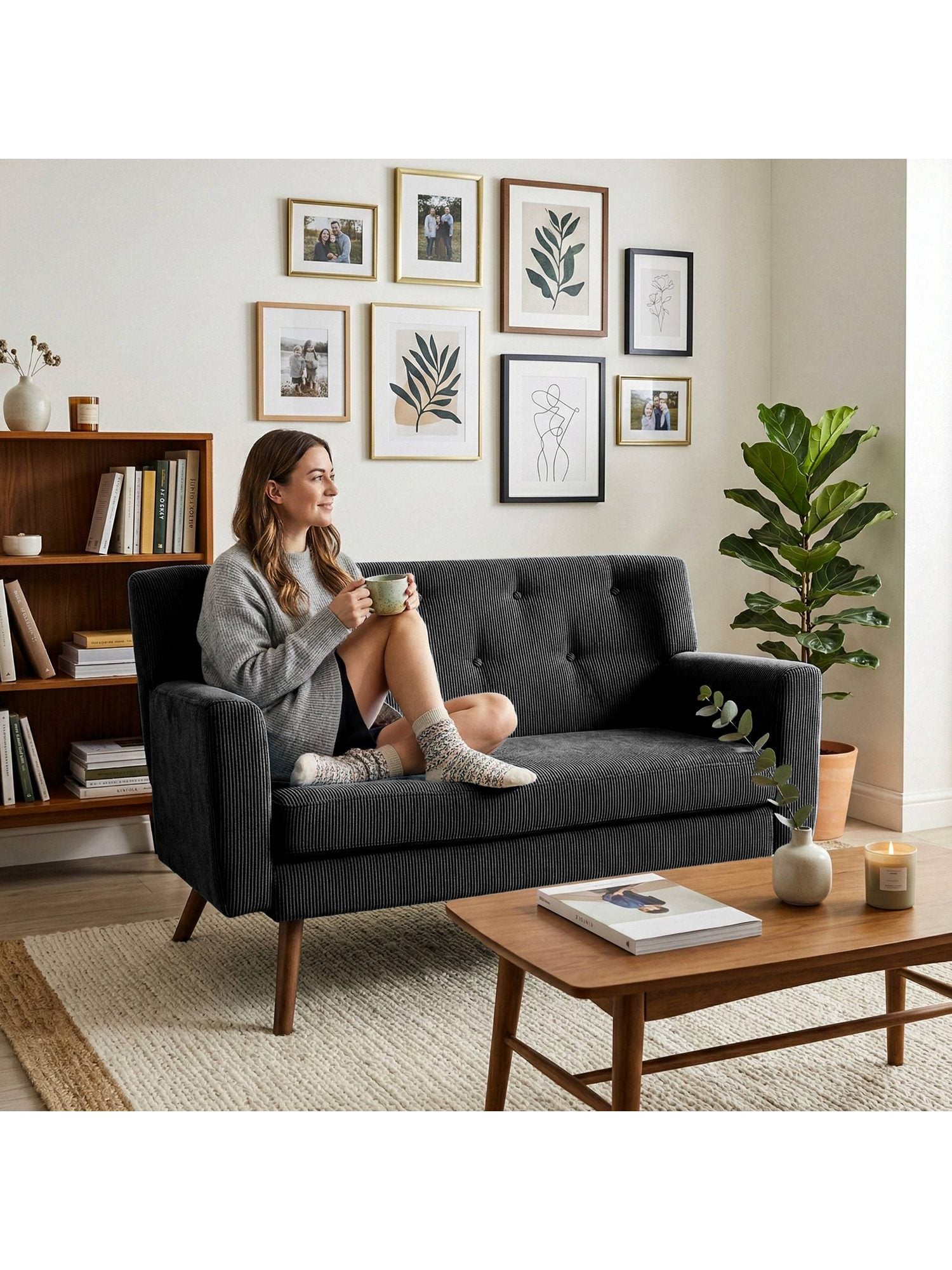 Cord Sofa KIONI seitliche Ansicht mit Holzbeinen
