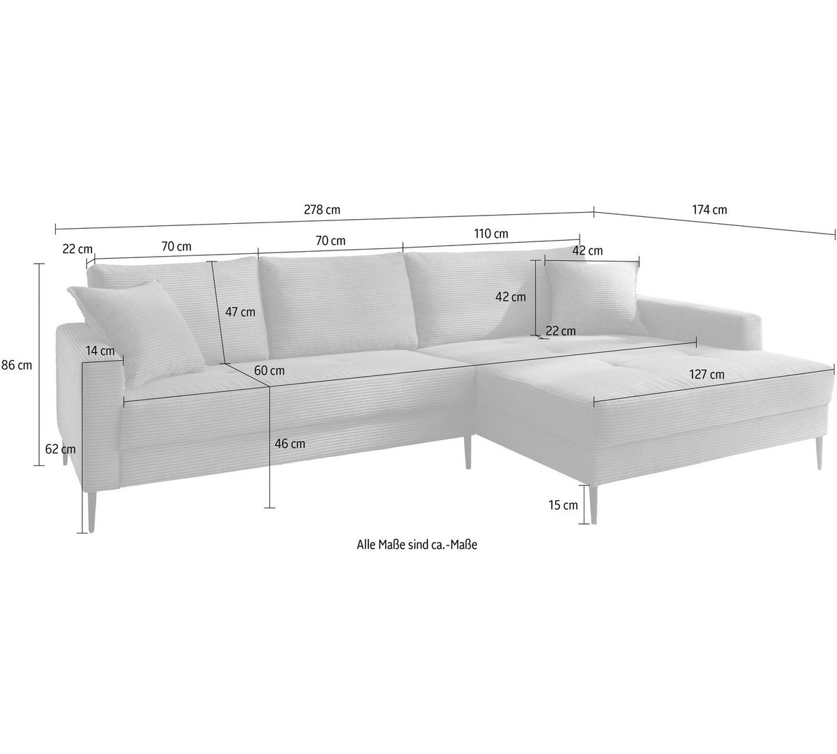 Seitenansicht des Cord Ecksofas SUMMER mit schwarzen Metallfüßen
