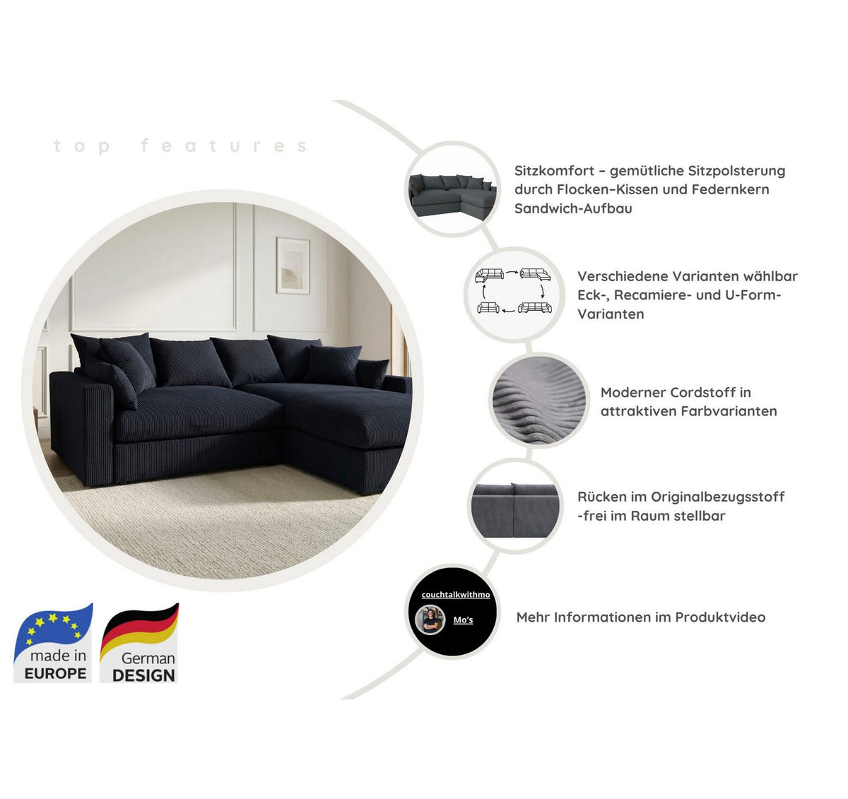 Kissenset des Cord Ecksofas COSY LOUNGE