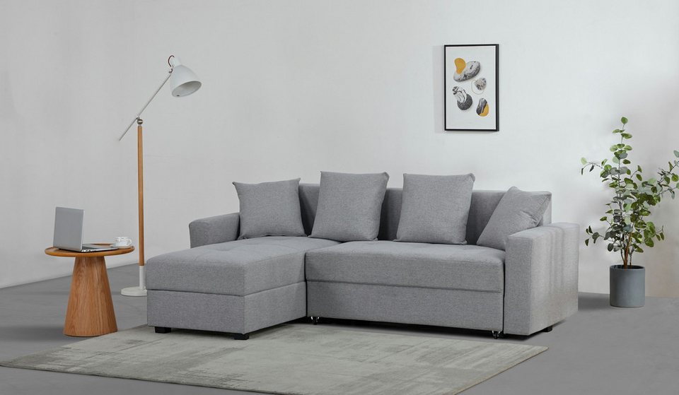 Cord Ecksofa KILLAM in Grau mit Recamiere und Schlaffunktion