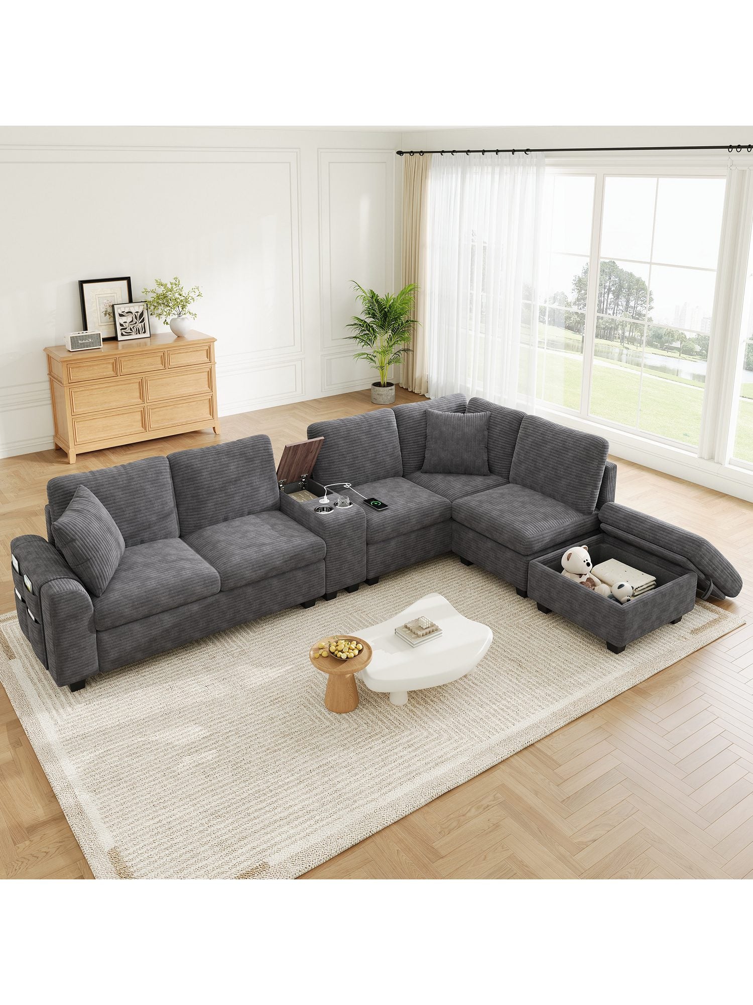 Modulare Cord Wohnlandschaft in U-Form aufgestellt