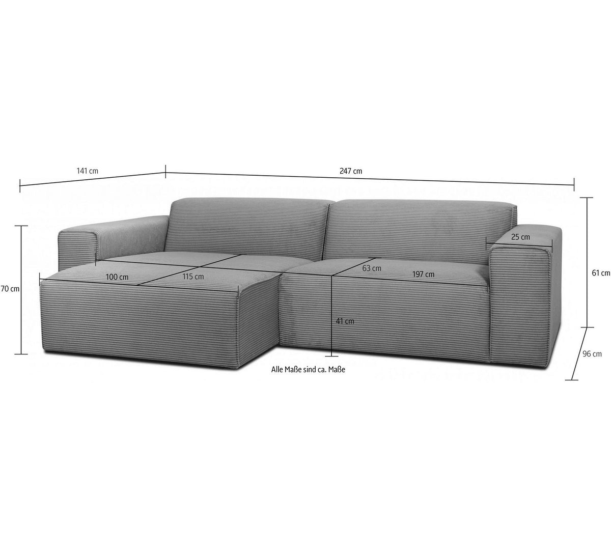Rückansicht des Cord Ecksofas CLAYTON in Grau