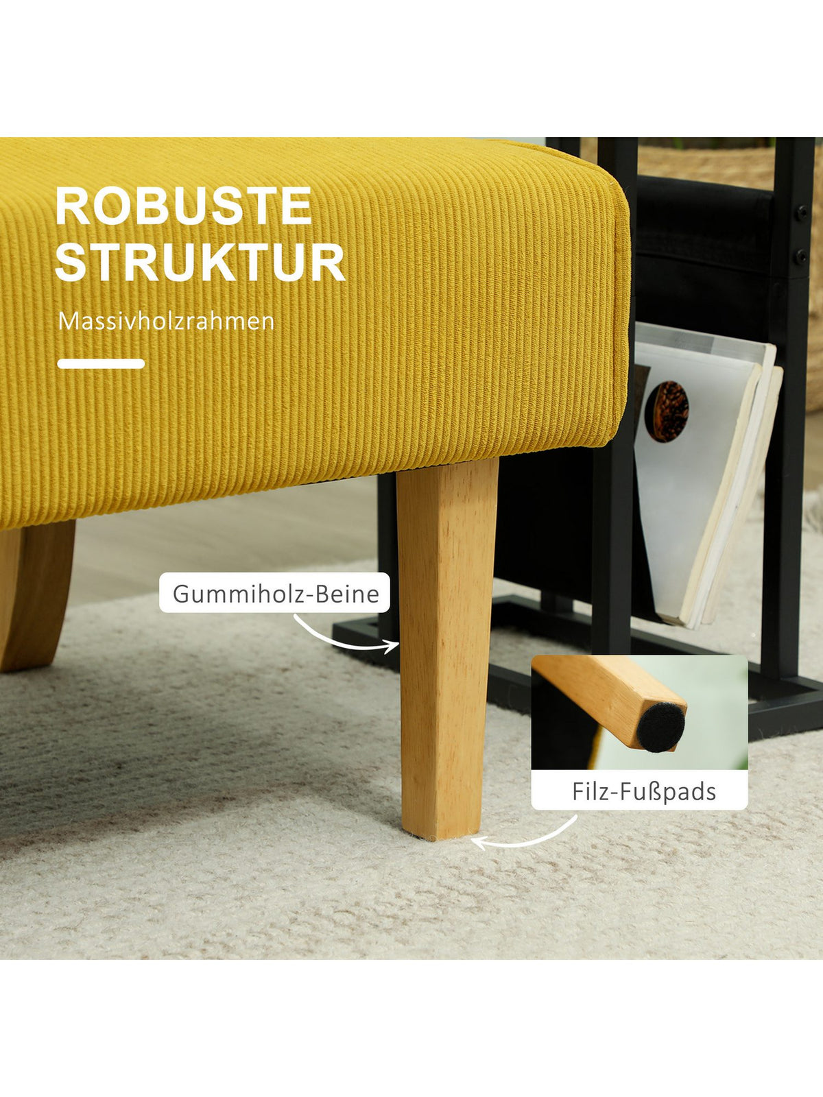 Detailansicht des gelben Cordstoffs am Sofa HOMCOM