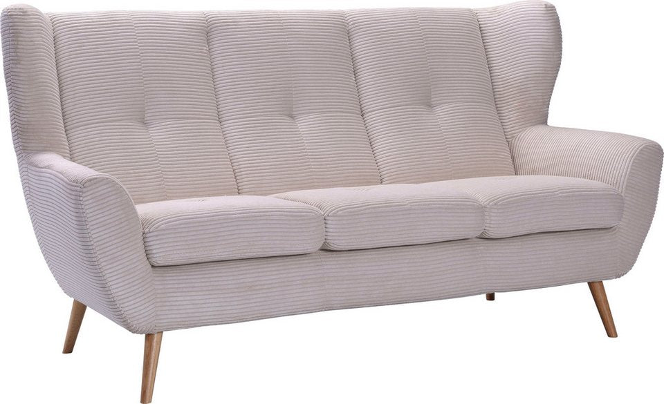 Cord Sofa ALVESTA in Beige mit Knopfheftung und hohen Holzfüßen