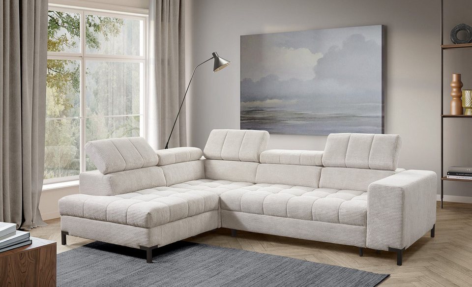 Beiges Cord Ecksofa BOCCO mit Ottomane links und Kopfteilverstellung