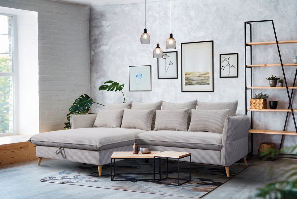 Beiges Cord Ecksofa in L-Form von vorn