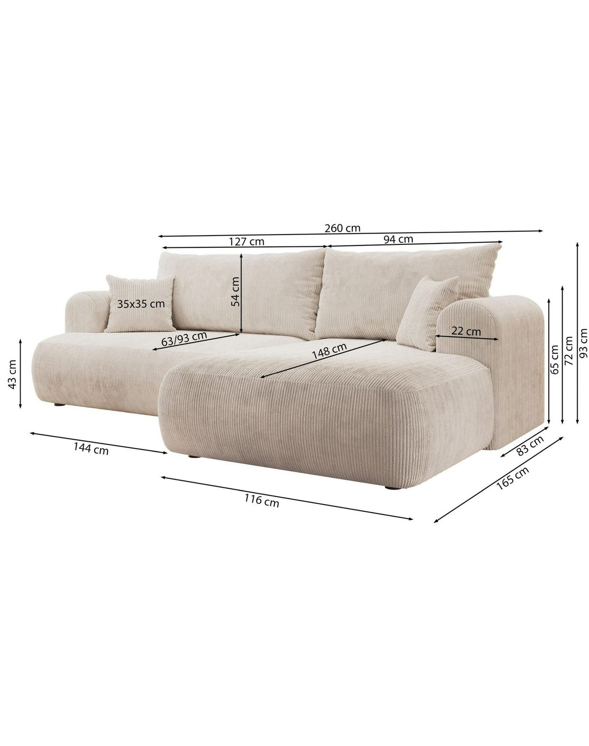 Cord Ecksofa OVO CORD mit ausgeklappter Liegefläche