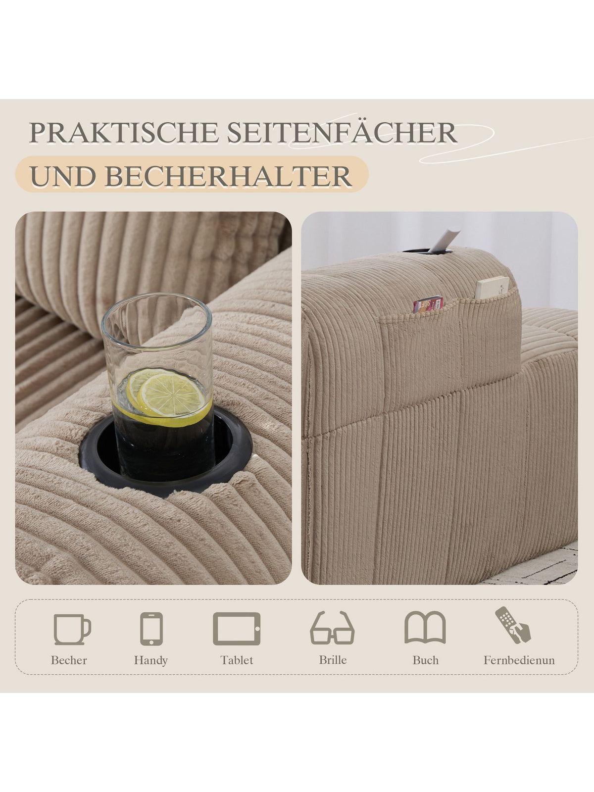 Seitliche Aufbewahrungstasche des Kompaktsofas