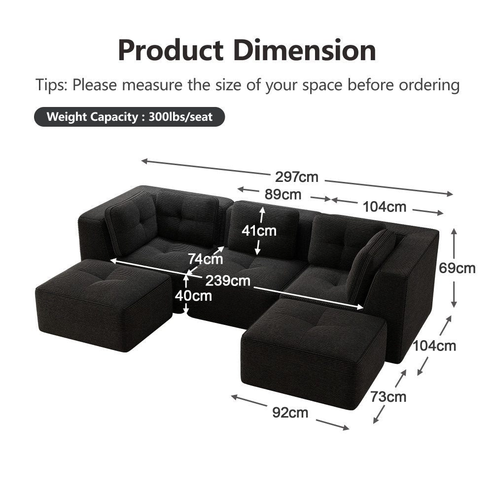 Modulares Cord Sofa in Schwarz mit Ottomane und Hockern