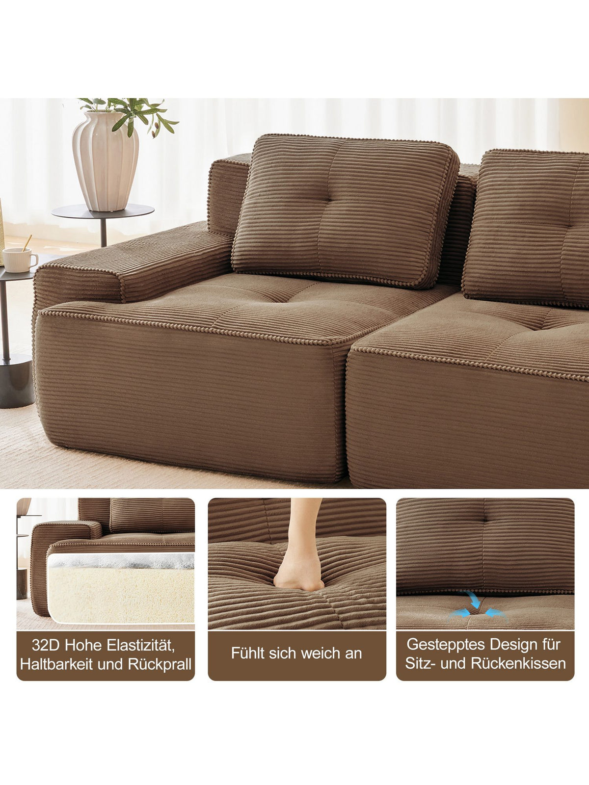 Cord Modulsofa Detailansicht des Cordstoffs mit Paspel