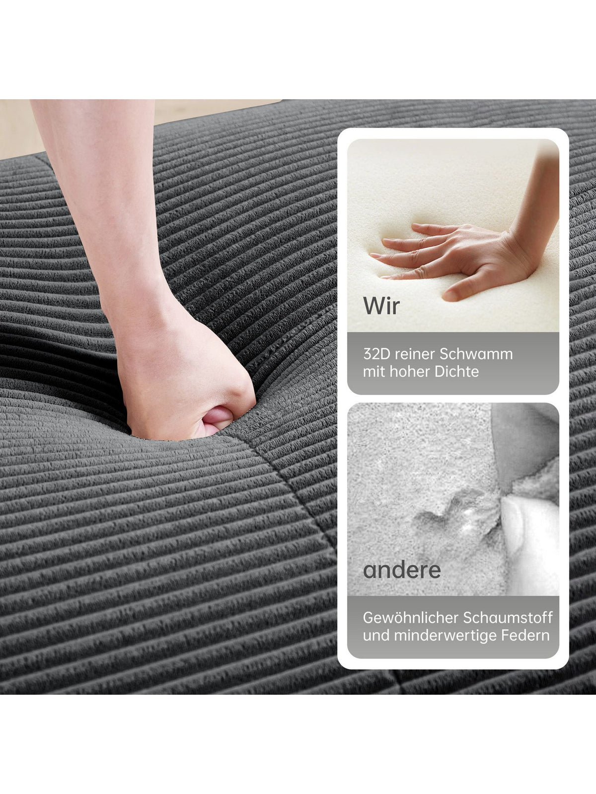 Rahmenloses Cord Sofa in Beige Seitenansicht