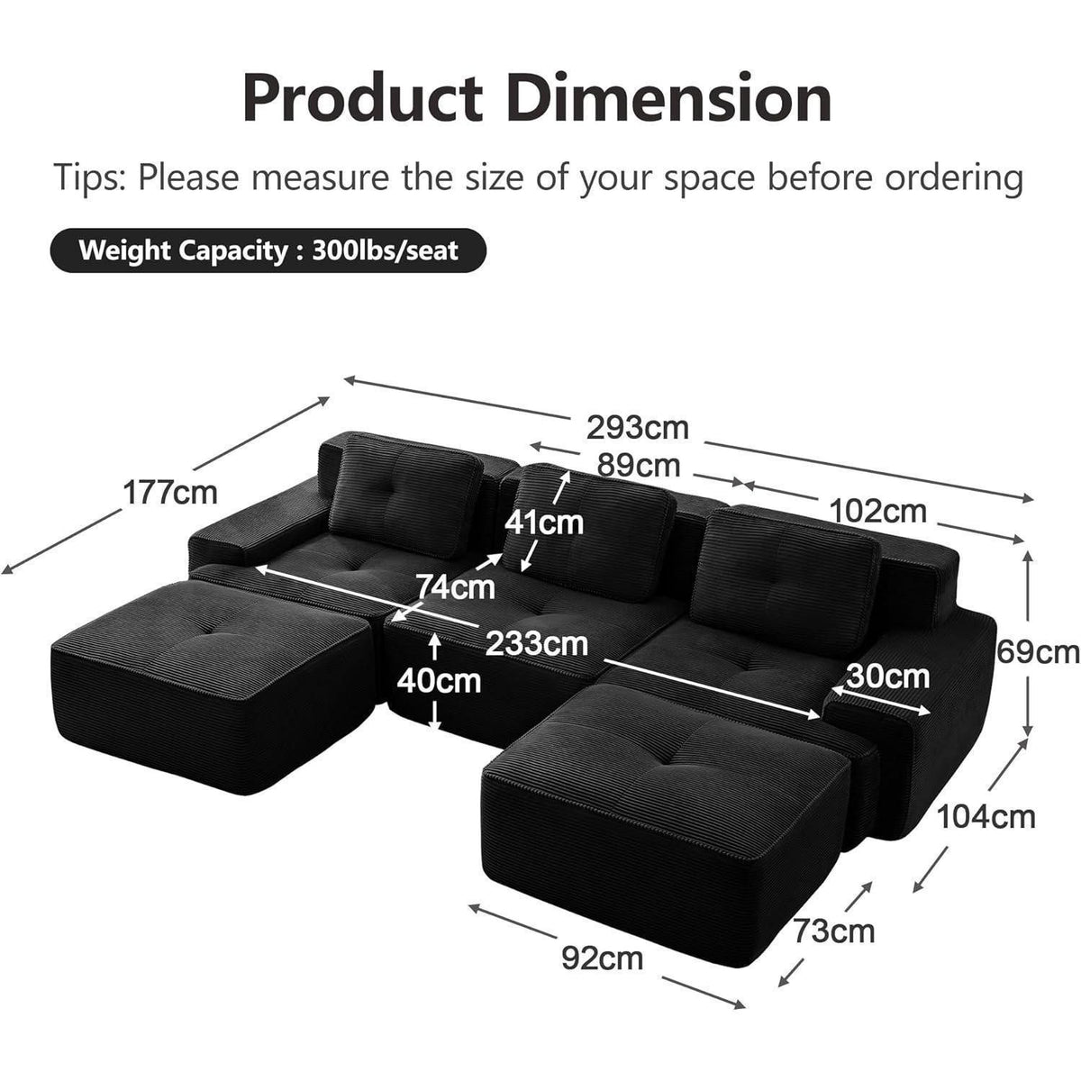 Schwarzes Cord Sofa modular aufgebaut im Wohnzimmer