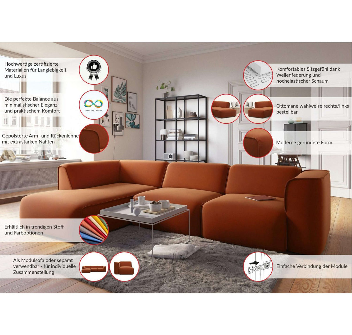 Cord Ecksofa MERID von der Seite mit Ottomane