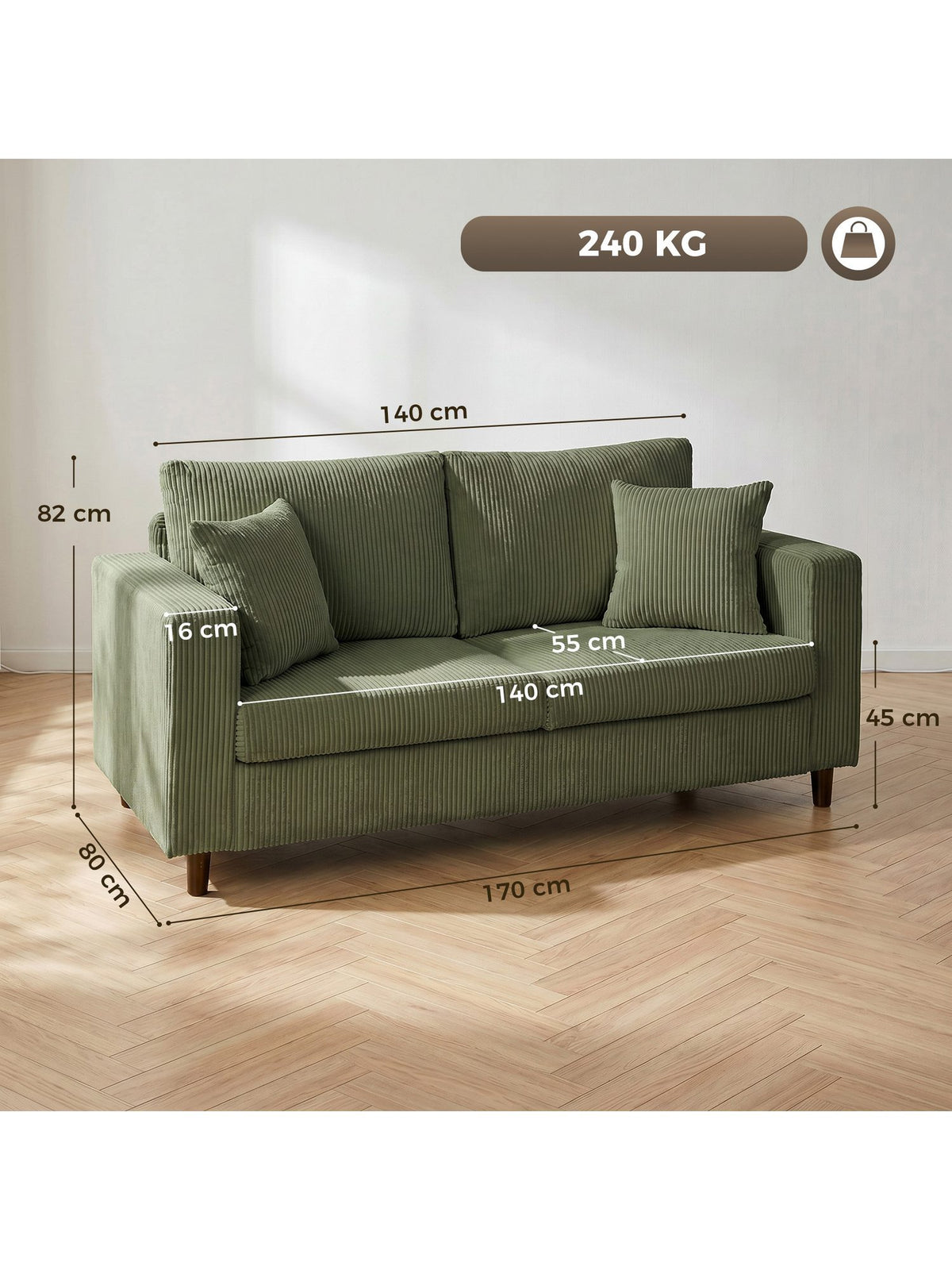 Grünes Cord Sofa mit Sitzkissen und Rückenlehne von vorn