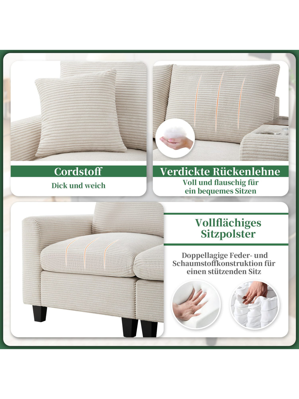 Cord Ecksofa in Beige mit Hocker und zwei Kissen