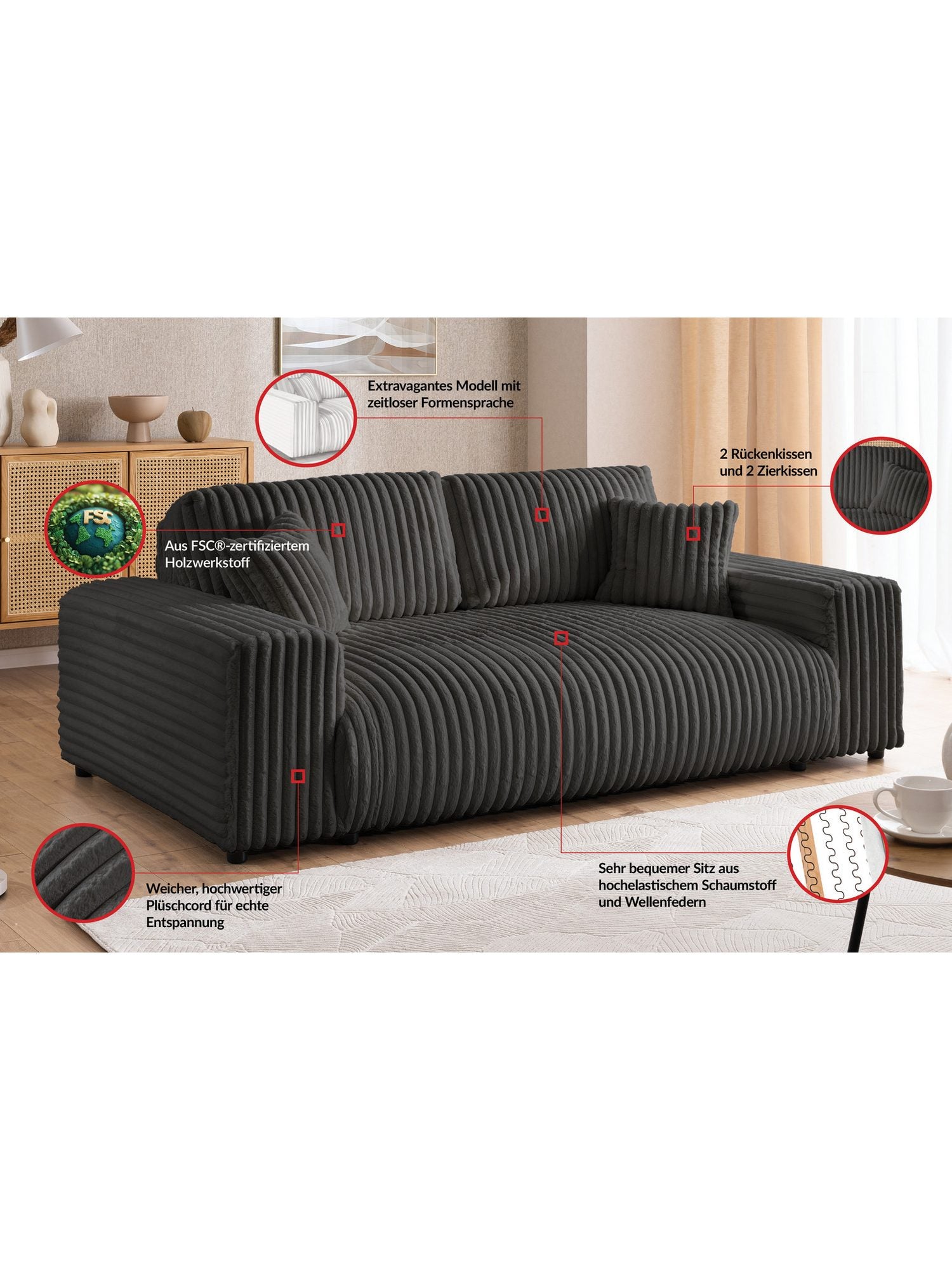 Cord Sofa MOLLIS im eingerichteten Wohnzimmer