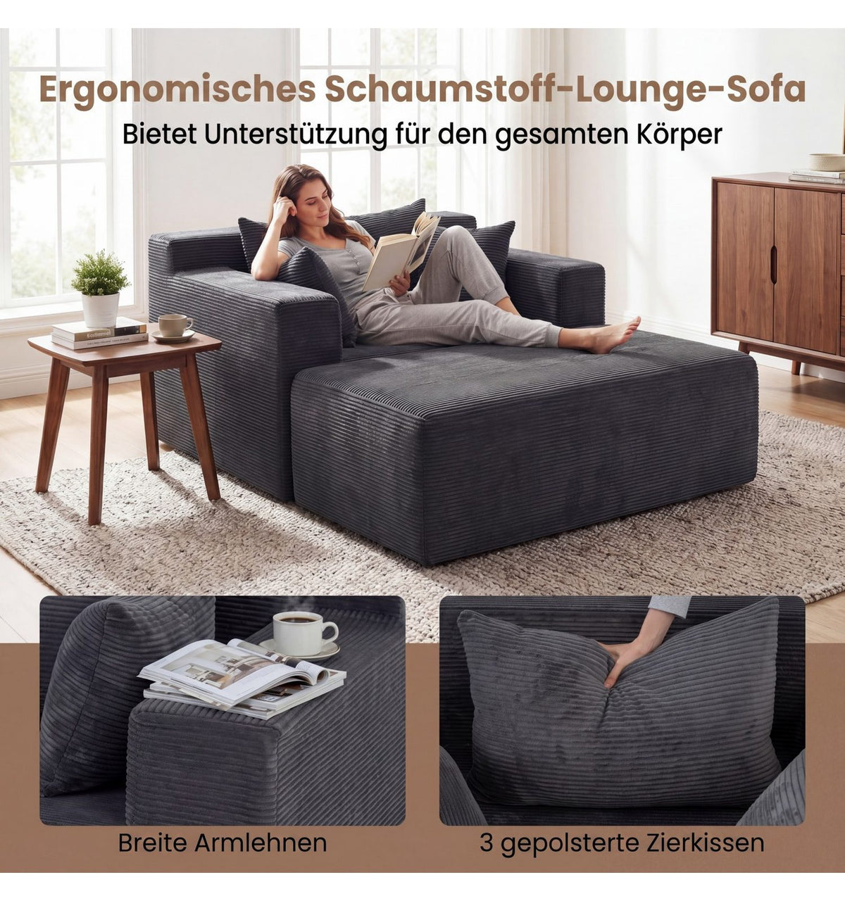 Detailaufnahme des grauen Cordstoffs