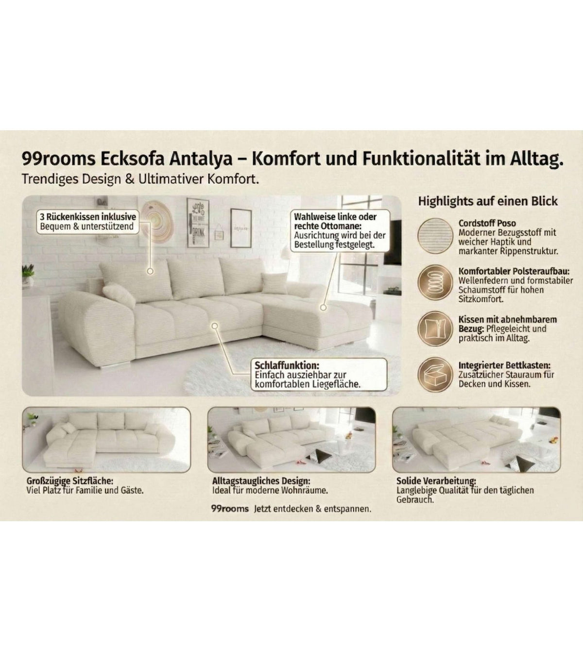 Ecksofa ANTALYA in Khaki im Wohnzimmer aufgestellt