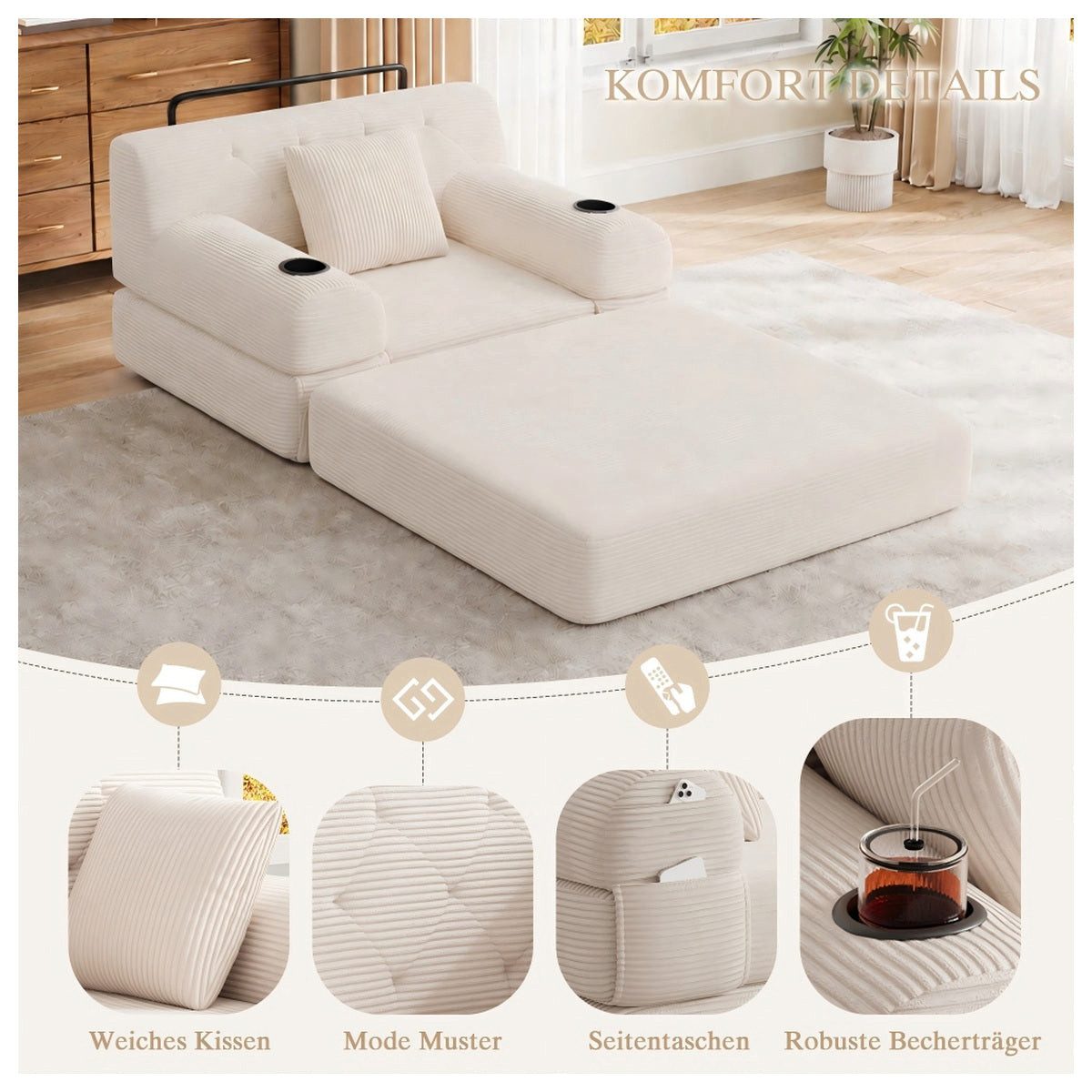 Cord Schlafsofa SIKAINI in Beige von vorne