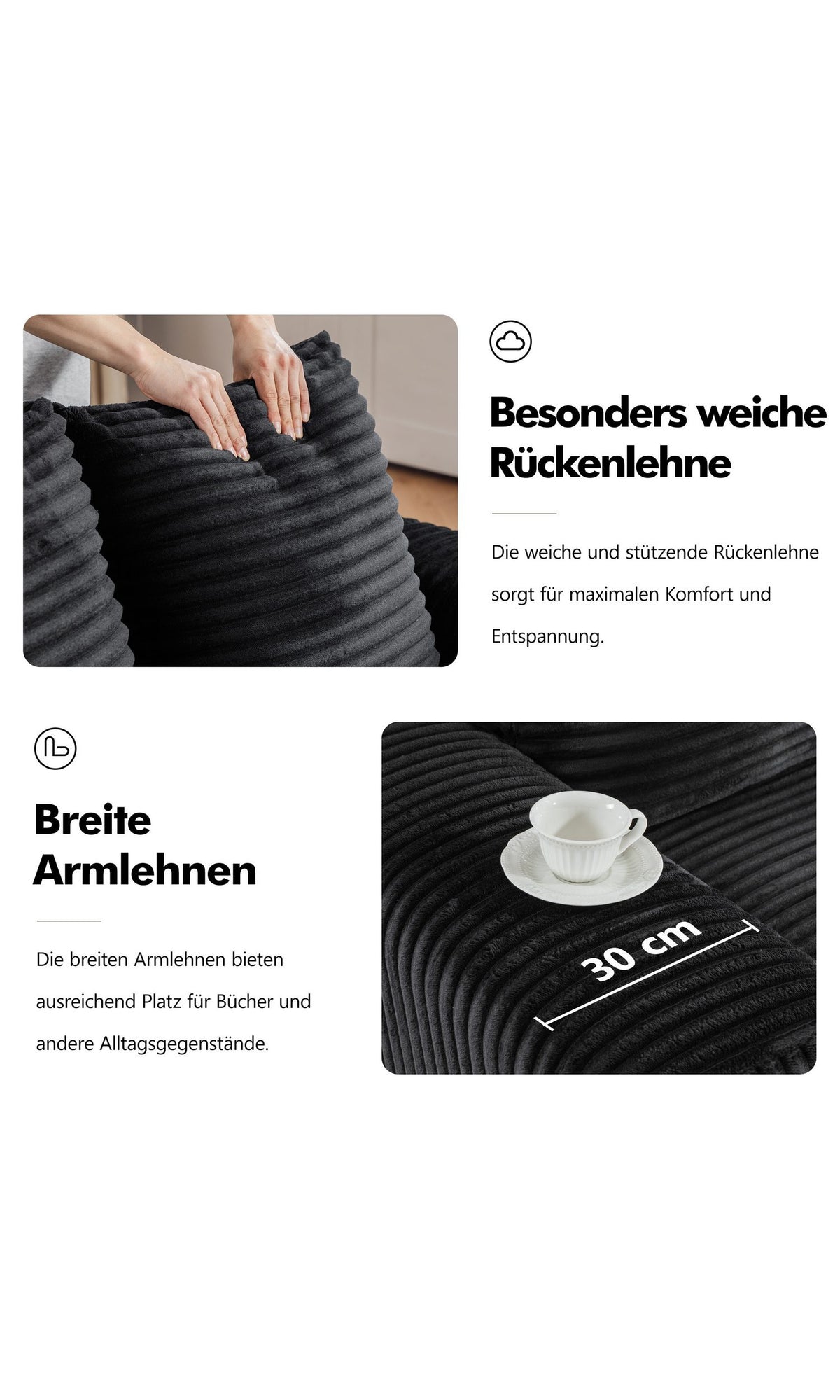 Fußhocker des Cord Ecksofas frei vor dem Sofa platziert