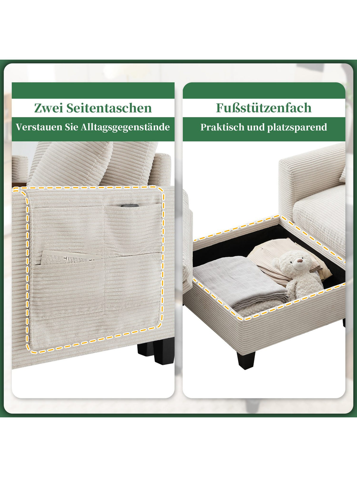 Seitentasche an der Armlehne des Cord Ecksofas