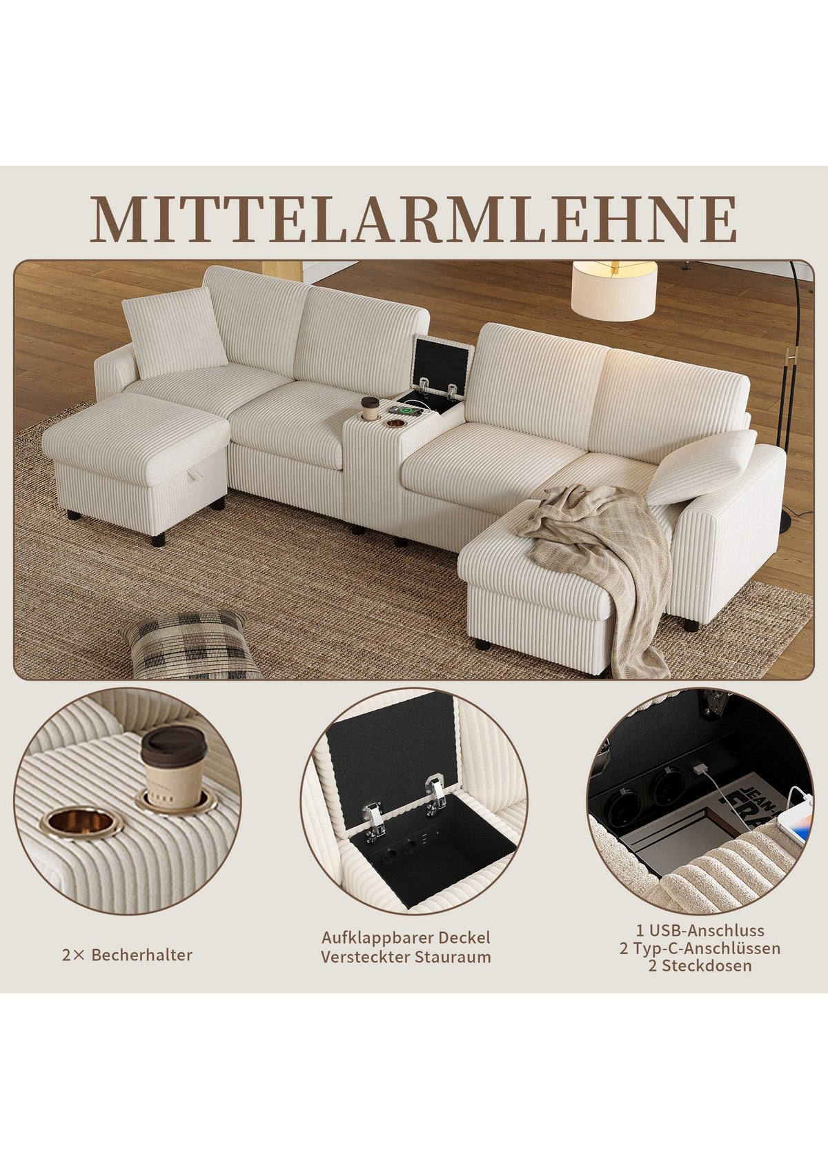 Mittelarmlehne mit geöffnetem Stauraum und Anschlüssen