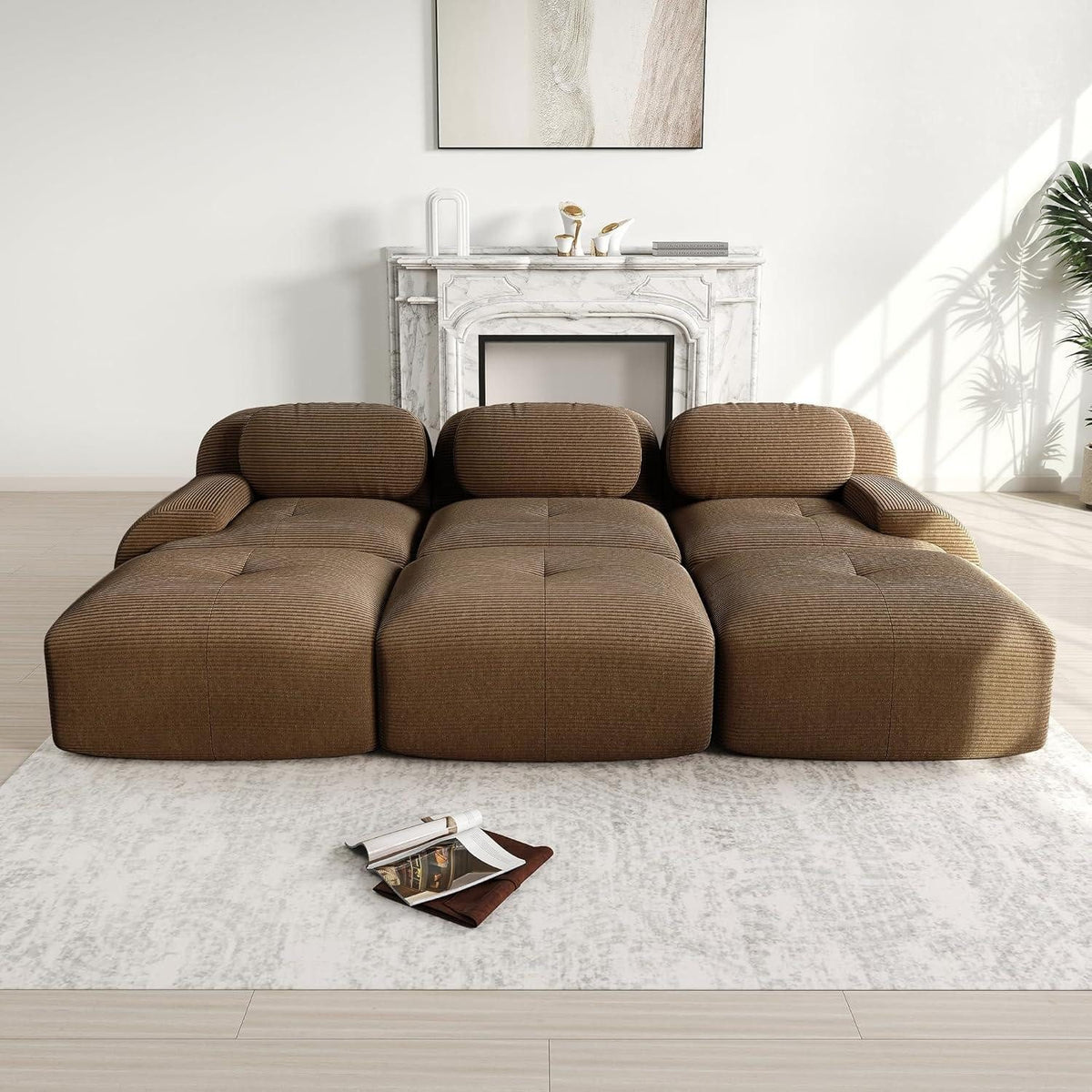 Braunes Cord Ecksofa mit drei Hockern