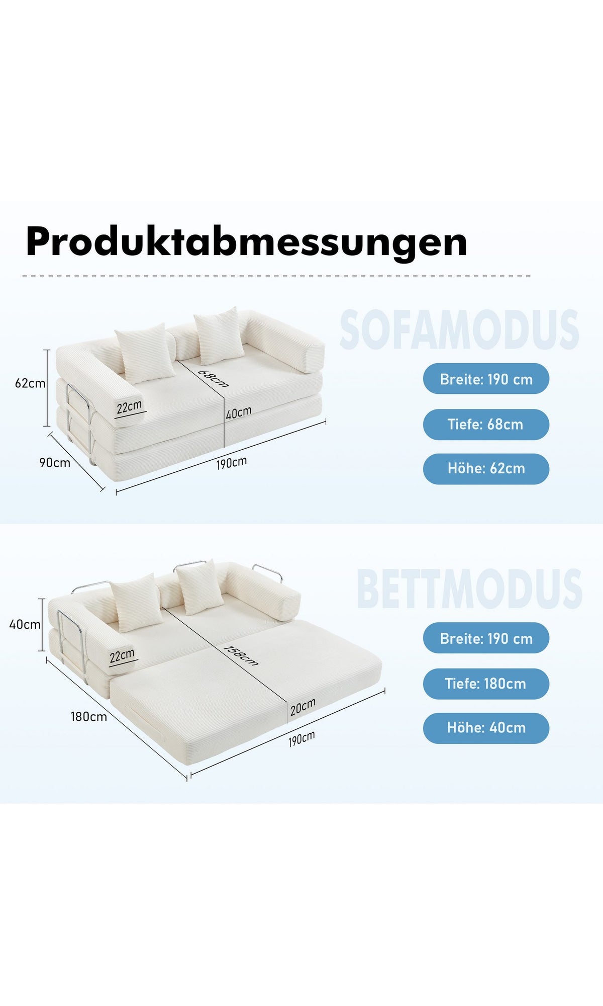 Cord Schlafsofa Gesamtansicht in Weiss