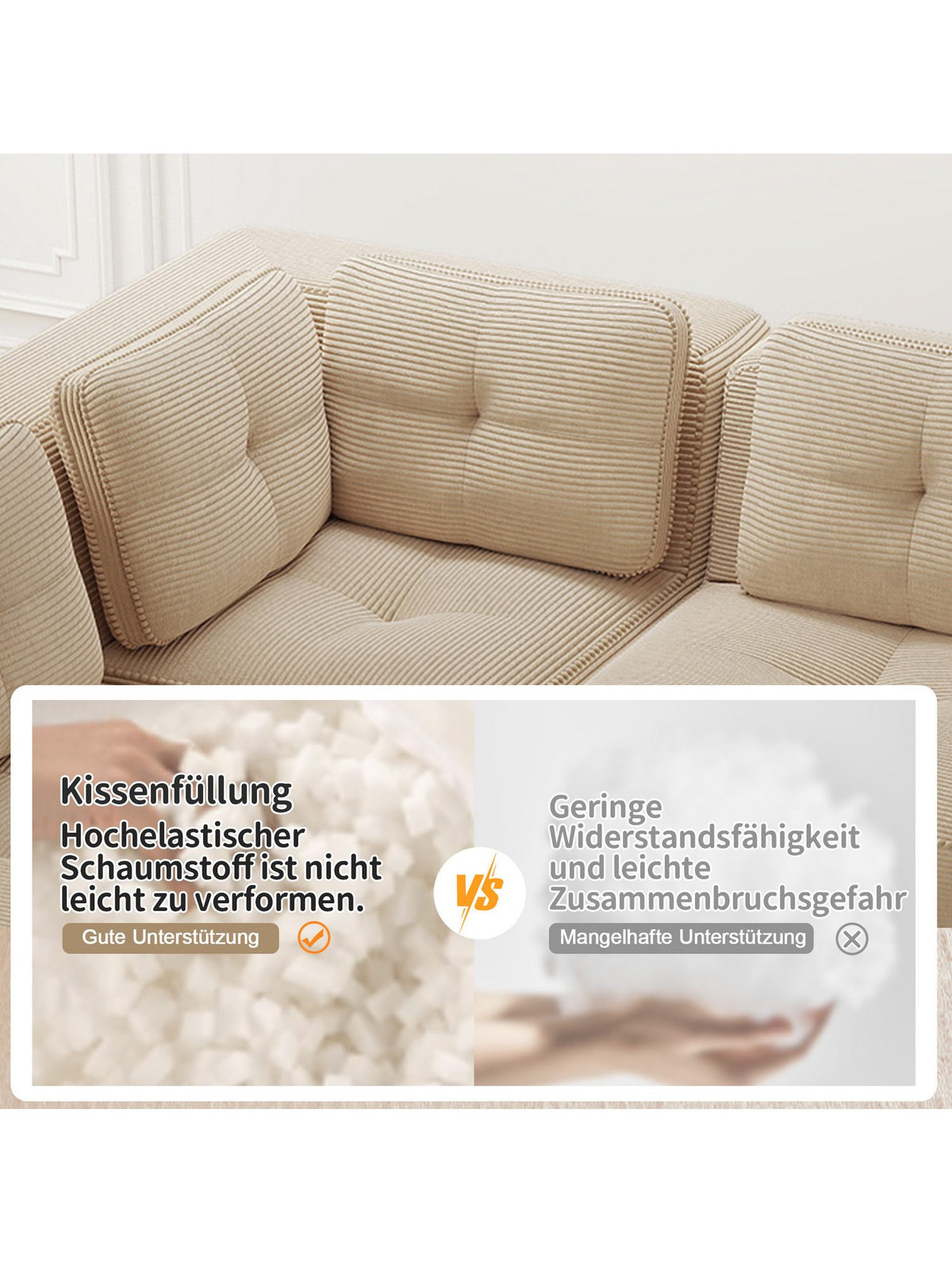 Rutschfeste Standfüße des rahmenlosen Cord Sofas