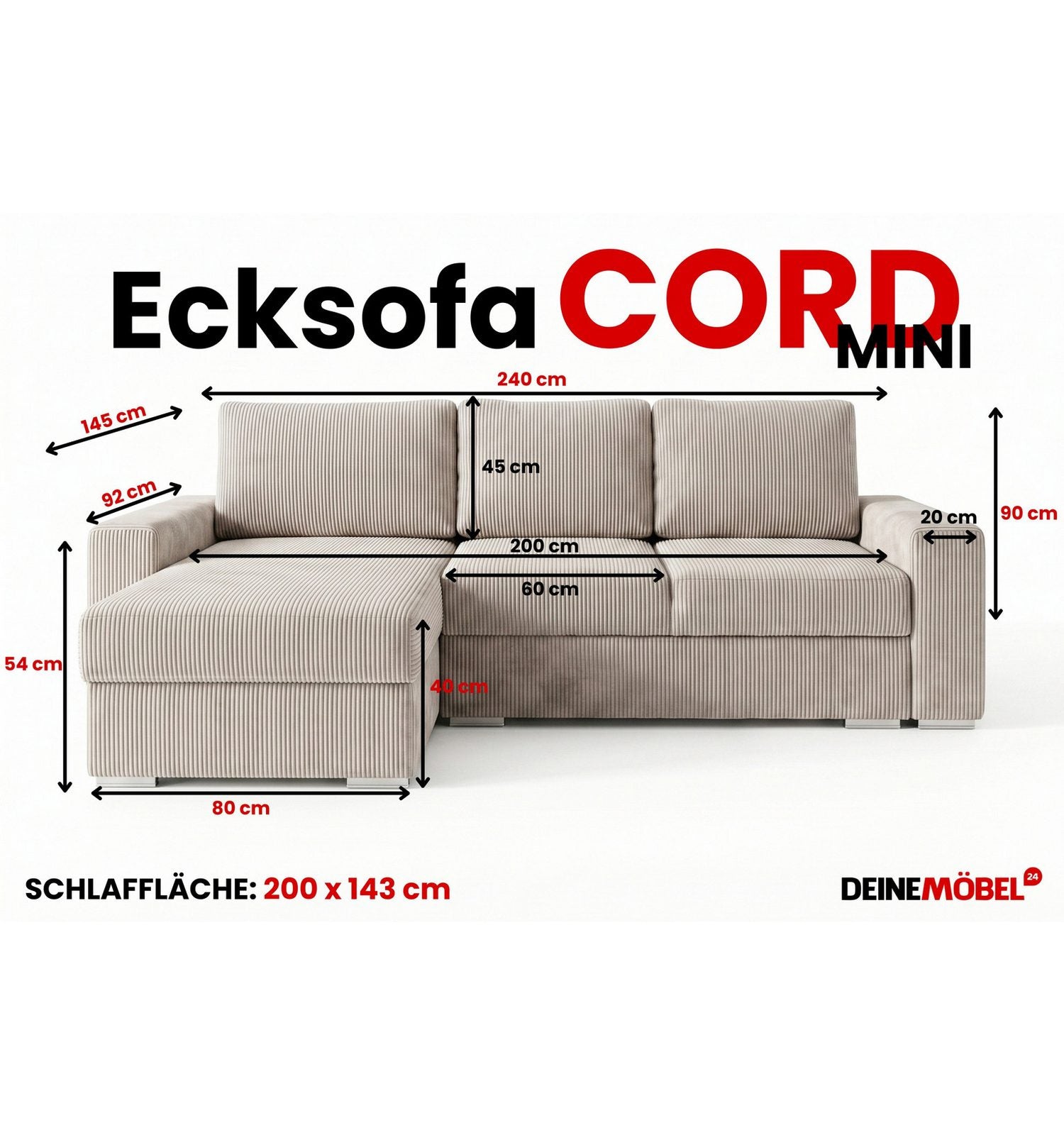Cord Ecksofa CORD-L MINI in Anthrazit - Produktansicht 6